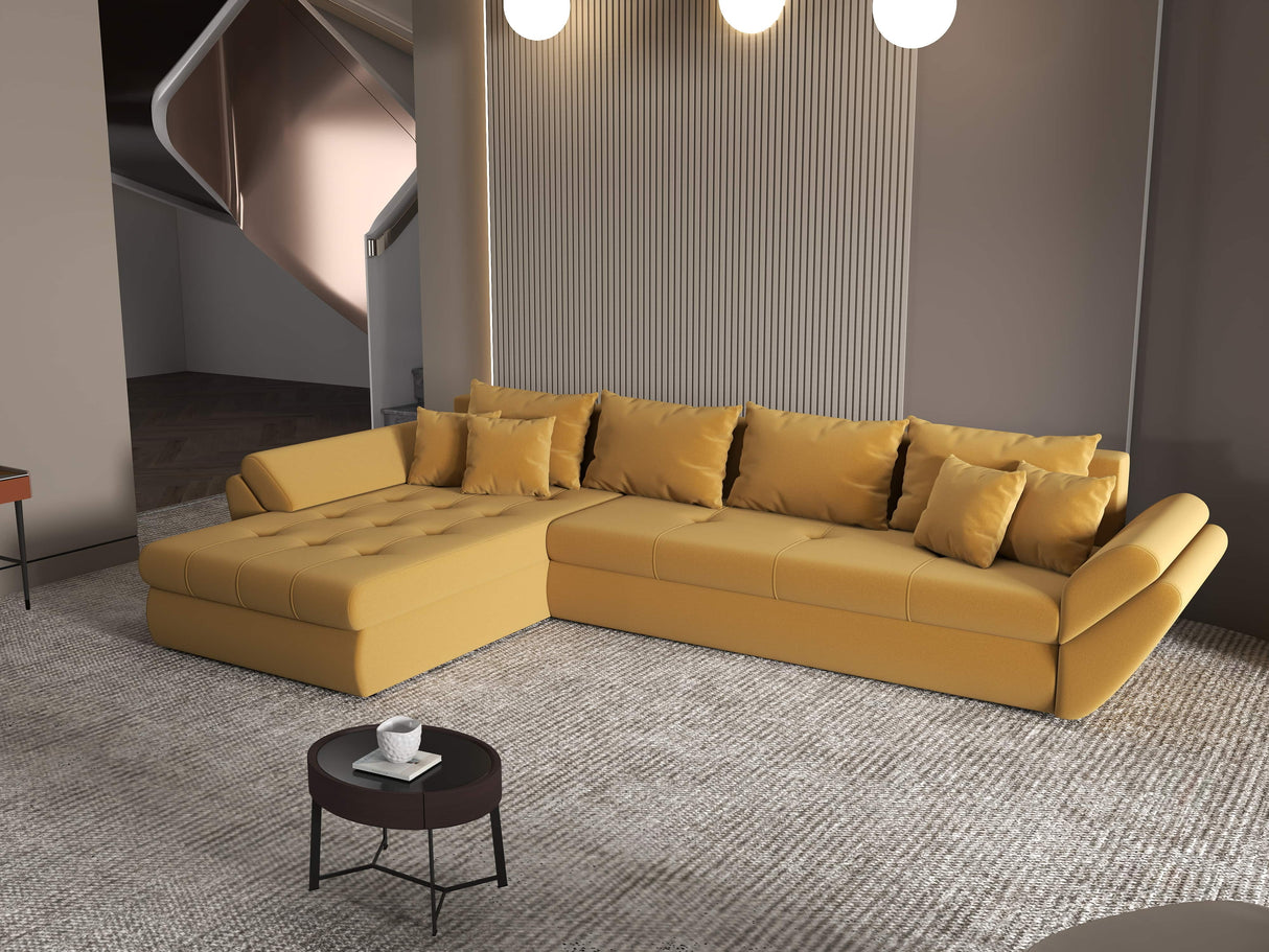 Colțar extensibil dumonde cu ladă de depozitare si sezut confortabil din spuma HR, Loana XL Royal Mustar 335x185 cm Fabrica