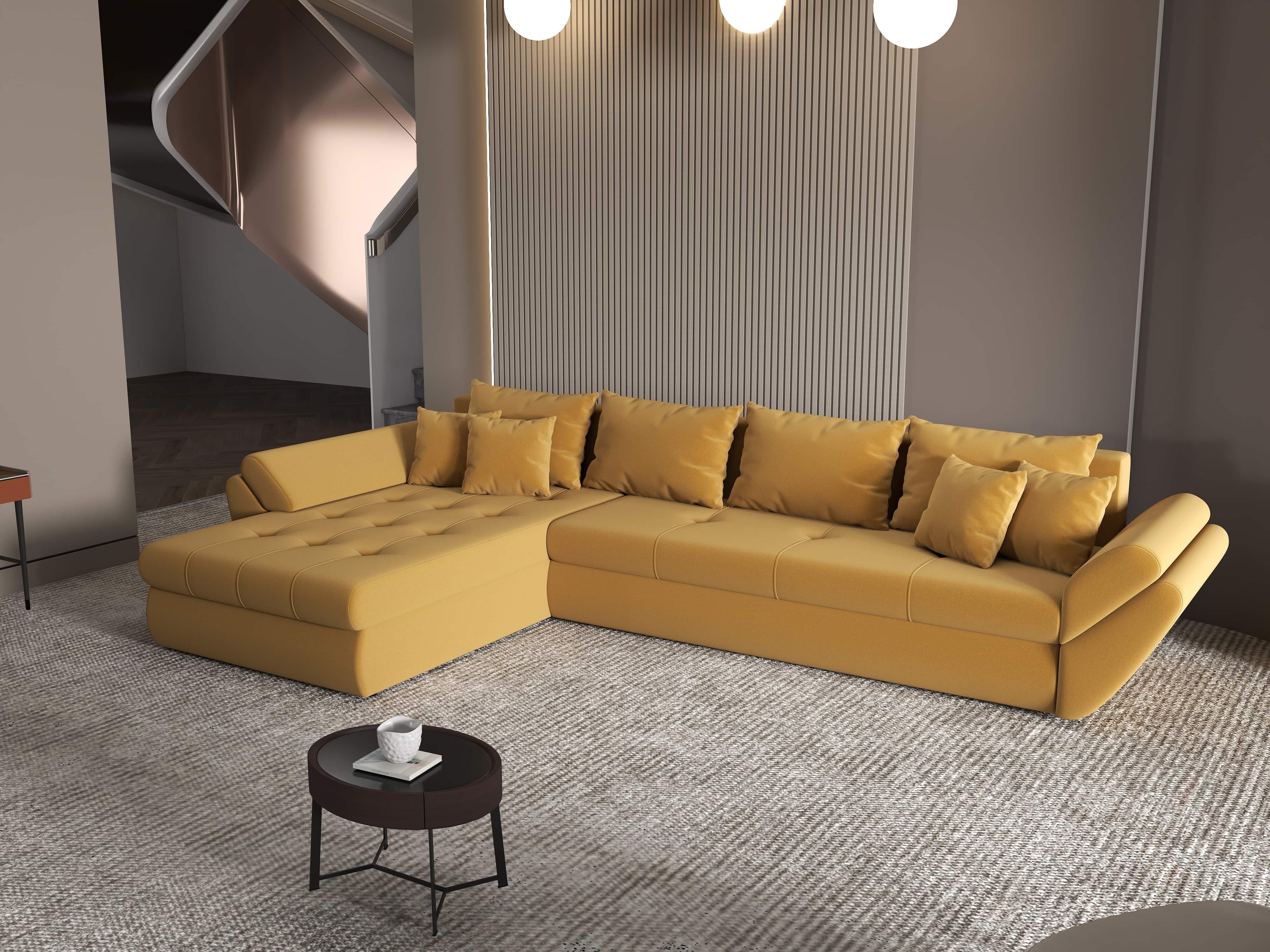 Colțar extensibil dumonde cu ladă de depozitare si sezut confortabil din spuma HR, Loana XL Royal Mustar 335x185 cm Fabrica