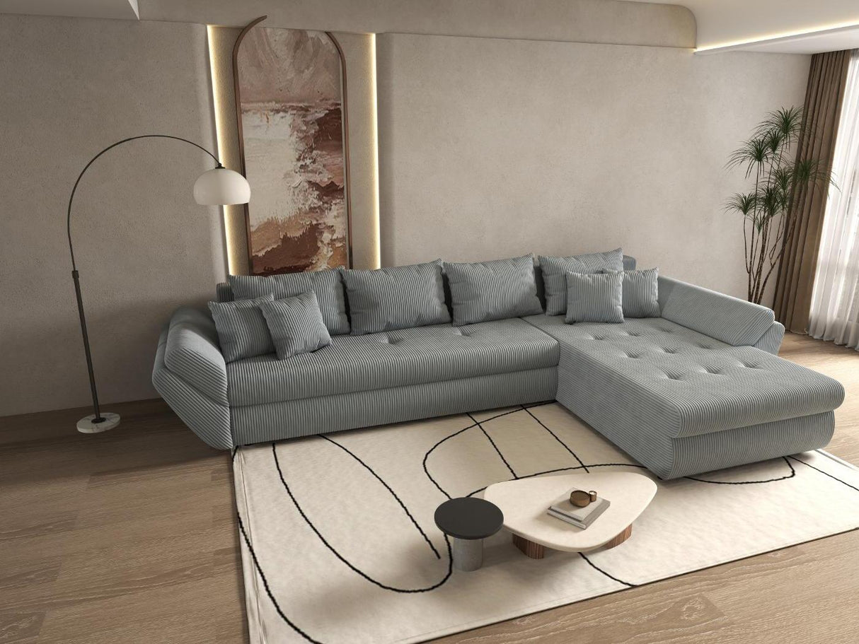 Colțar extensibil dumonde cu ladă de depozitare si sezut confortabil din spuma HR, Loana XL Zoom Mint II 335x185 cm Fabrica