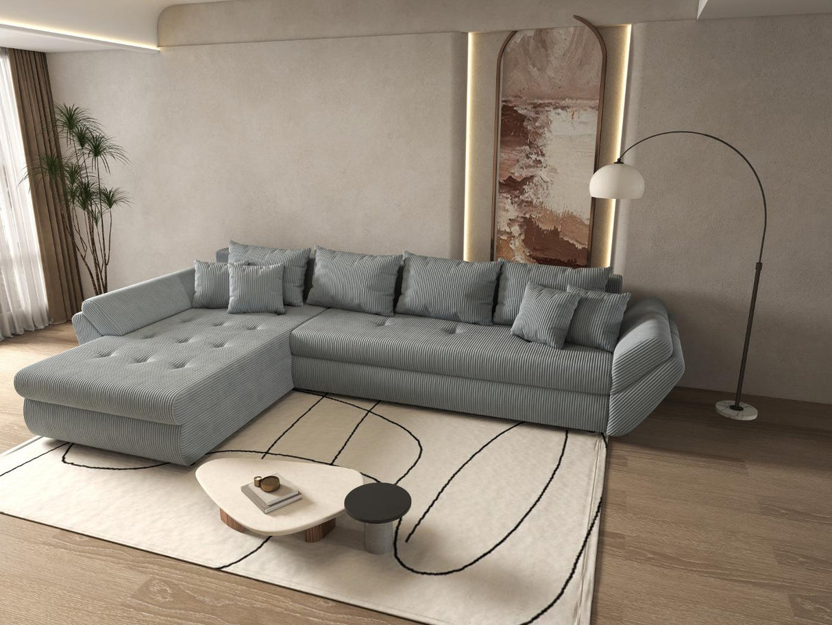 Colțar extensibil dumonde cu ladă de depozitare si sezut confortabil din spuma HR, Loana XL Zoom Gri 335x185 cm Fabrica