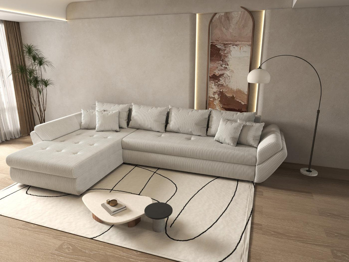Colțar extensibil dumonde cu ladă de depozitare si sezut confortabil din spuma HR, Loana XL Zoom Gri 335x185 cm Fabrica