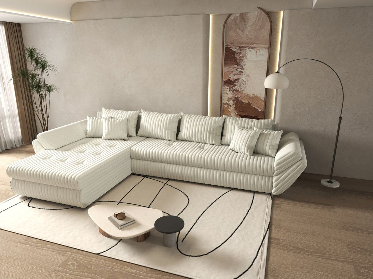 Colțar extensibil dumonde cu ladă de depozitare si sezut confortabil din spuma HR, Loana XL Ambience Alb 335x185 cm Fabrica
