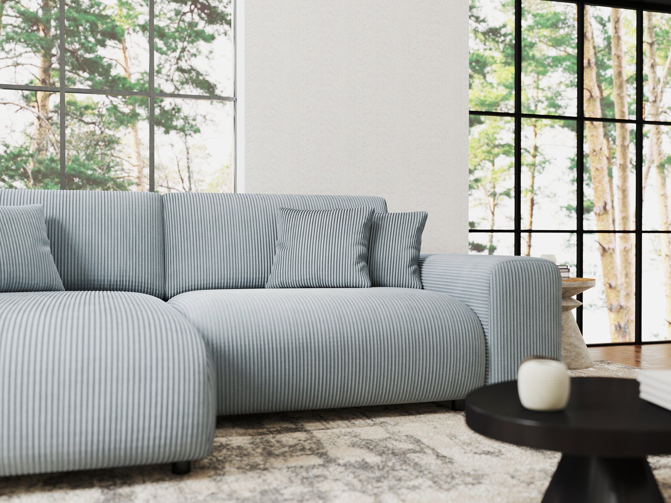 Colțar extensibil dumonde cu ladă de depozitare si sezut confortabil din spuma HR, Sarina Zoom Gri Mint 255x168 cm