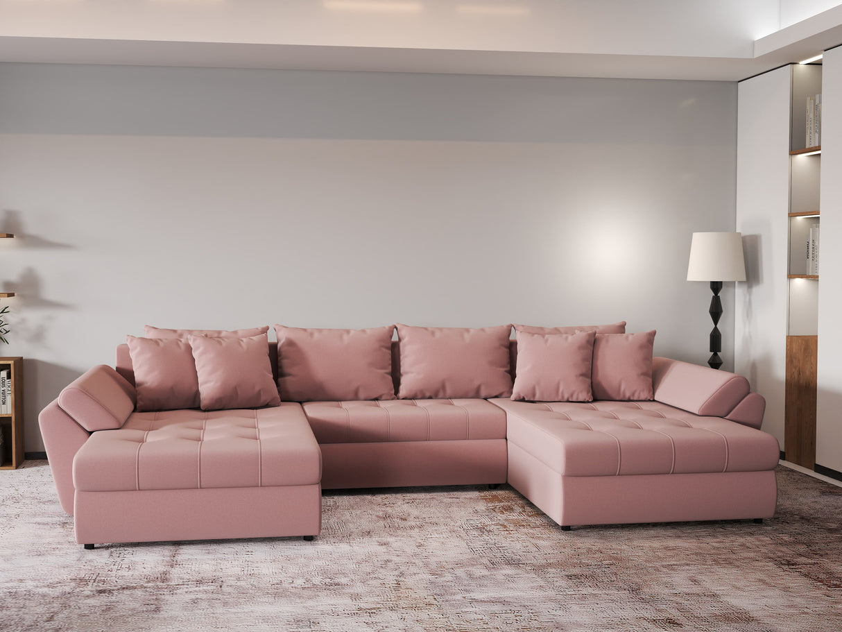 Colțar extensibil dumonde cu ladă de depozitare si sezut confortabil din spuma HR, Loana Royal Roz U 355x185 cm Fabrica