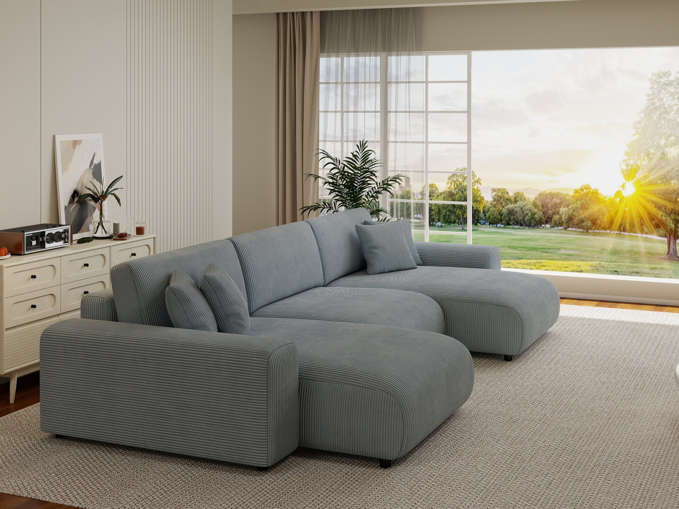 Colțar extensibil dumonde cu ladă de depozitare si sezut confortabil din spuma HR, Sarina U Zoom Gri Mint 350x168 cm