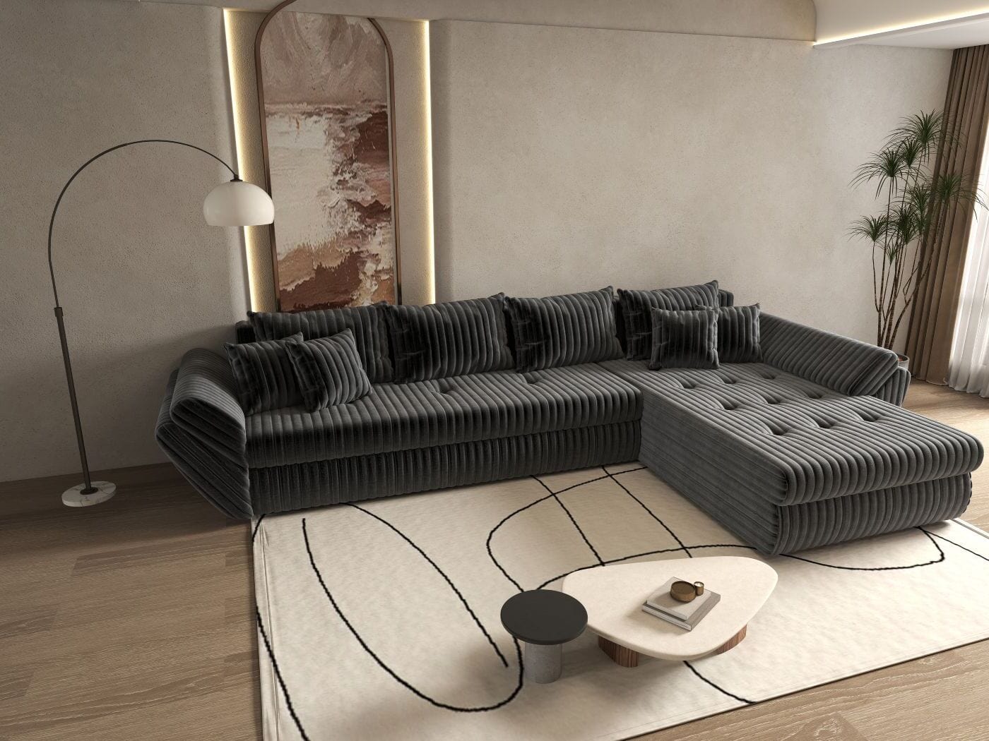Colțar extensibil dumonde cu ladă de depozitare si sezut confortabil din spuma HR, Loana XL Ambience Gri II 335x185 cm Fabrica
