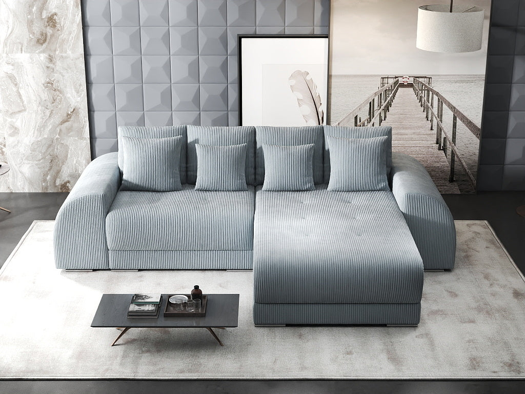 Colțar extensibil dumonde cu ladă de depozitare si sezut confortabil din spuma HR, Verona Zoom Gri Mint II 290x185 cm Fabrica