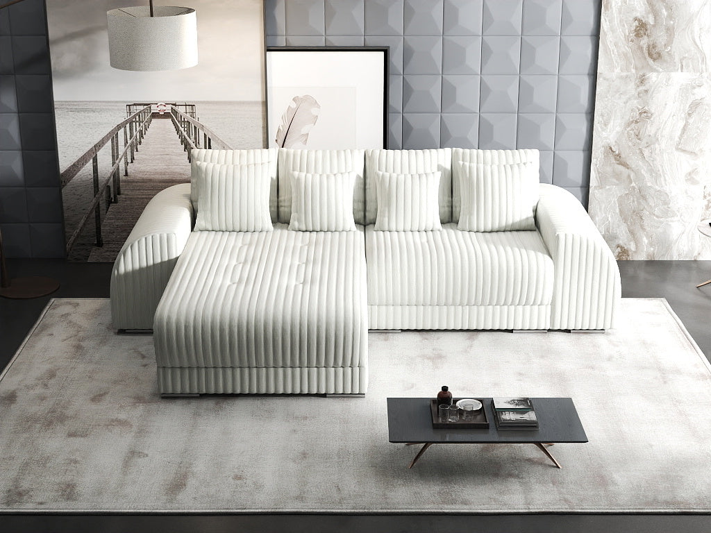 Colțar extensibil dumonde cu ladă de depozitare si sezut confortabil din spuma HR, Verona Ambience Alb 290x185 cm Fabrica