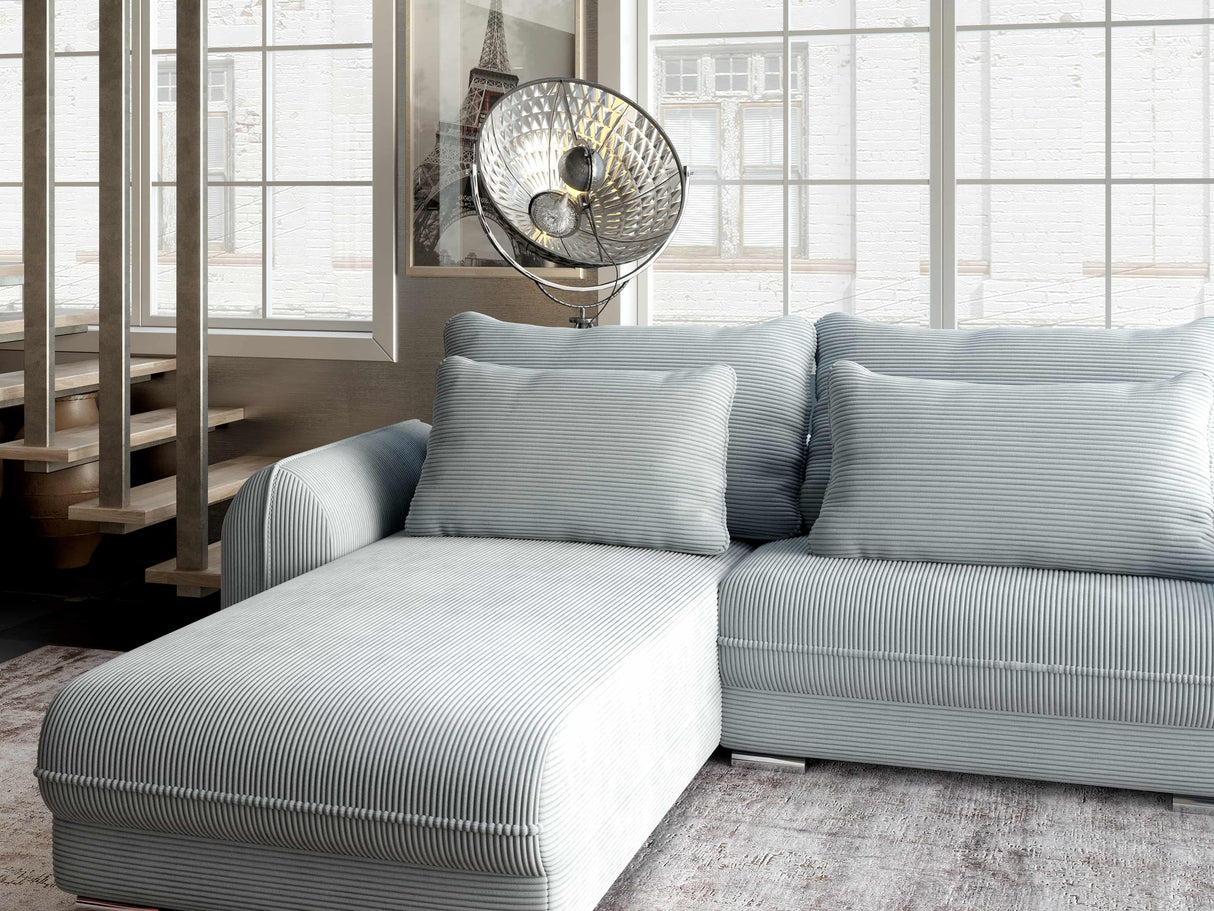 Colțar extensibil dumonde cu ladă de depozitare si sezut confortabil din spuma HR, Denver Zoom Gri Mint 275x185 cm Fabrica