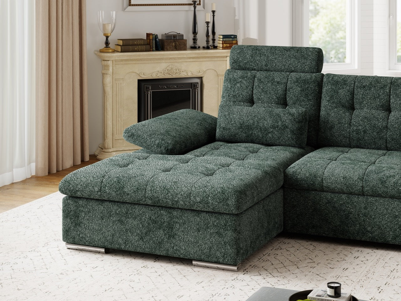 Colțar extensibil dumonde cu ladă de depozitare și șezut confortabil din spumă HR, Merkur Euphoria Verde 270x168 cm