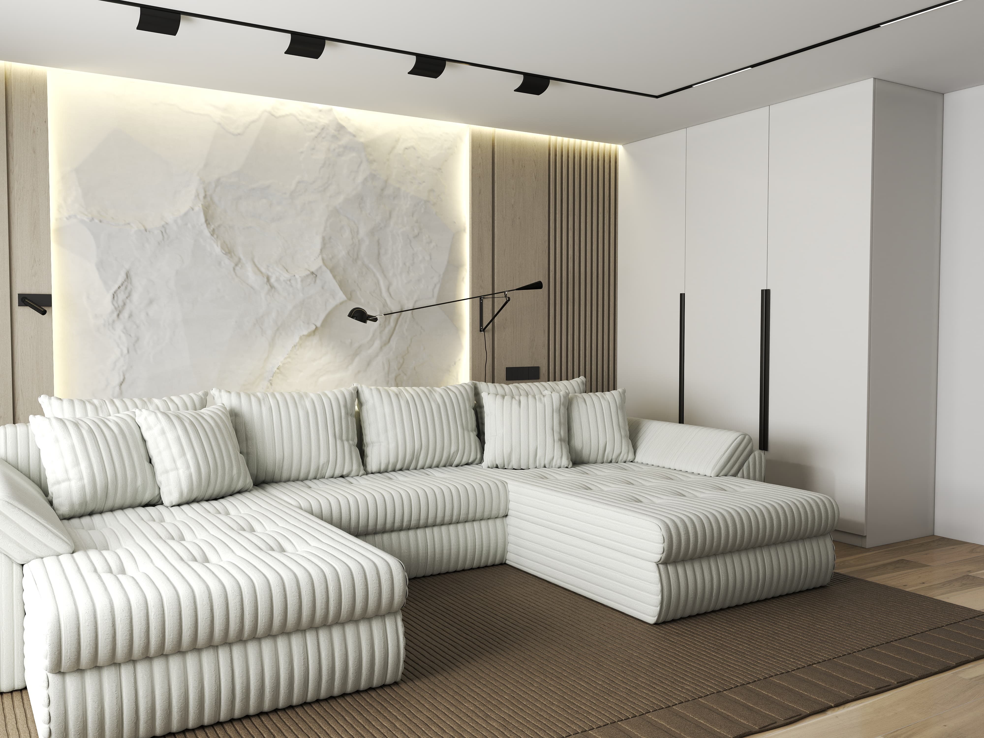 Colțar extensibil dumonde cu ladă de depozitare si sezut confortabil din spuma HR, Loana U Bej Ambience 355x185 cm Fabrica