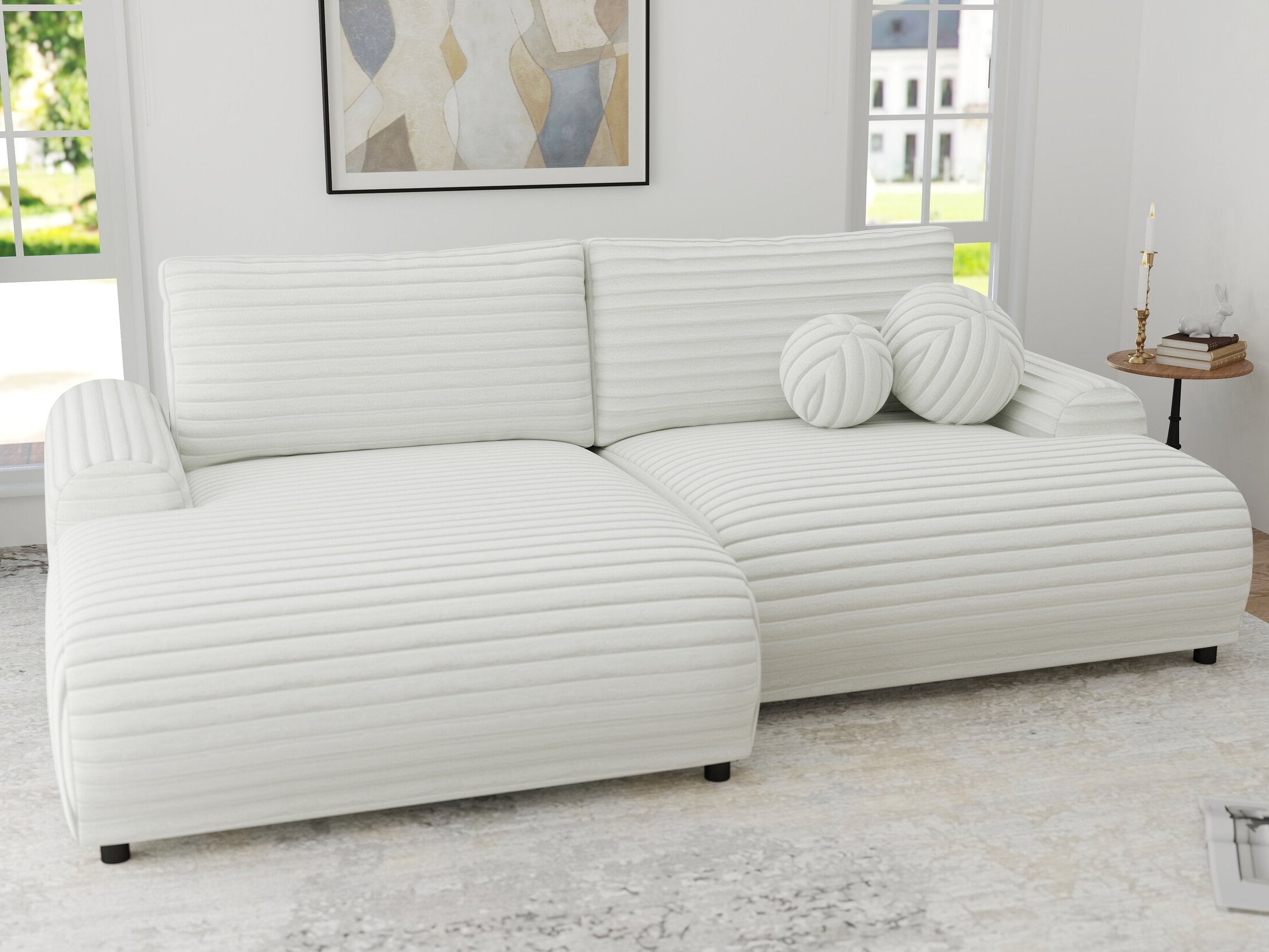 Colțar extensibil dumonde cu ladă de depozitare și șezut confortabil din spumă HR, Carlo Ambience Alb 240x145 cm