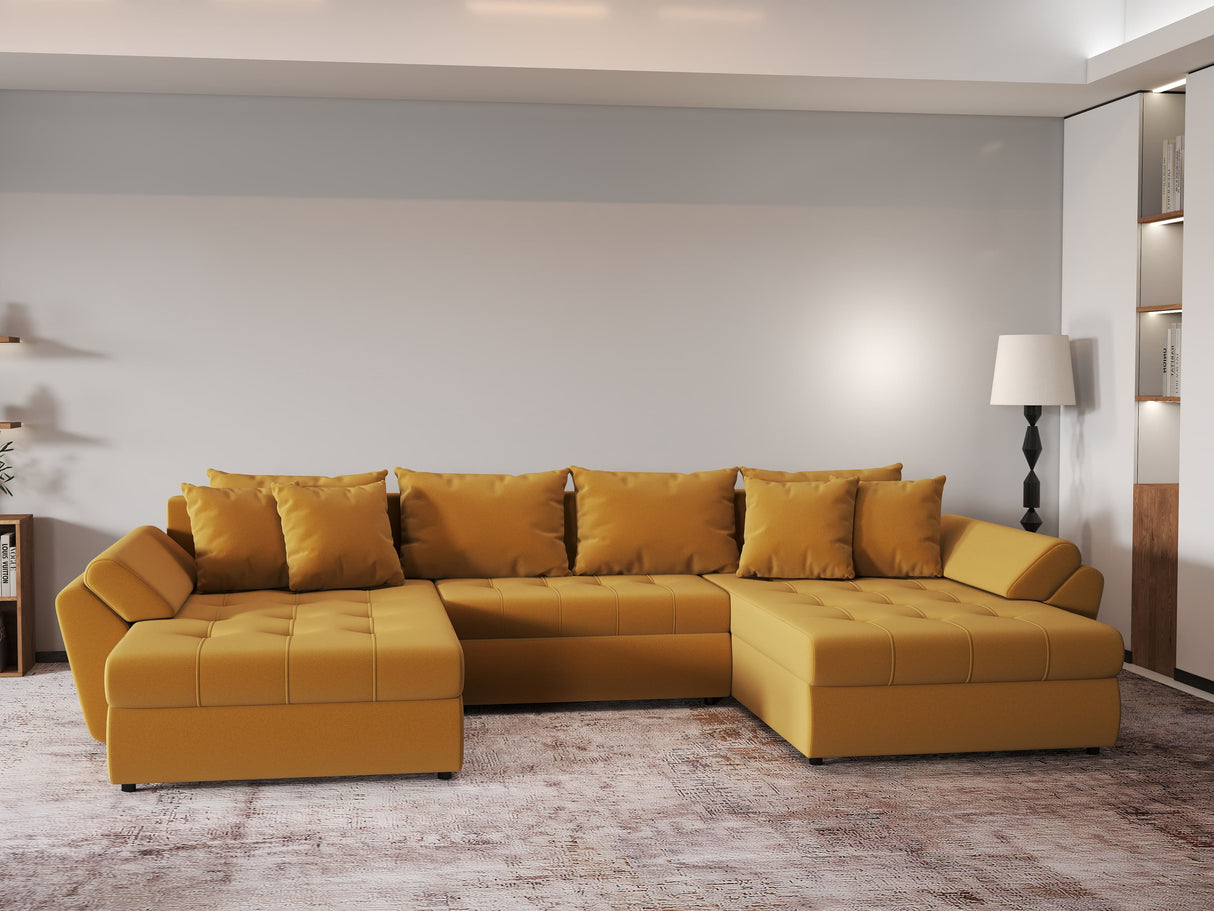 Colțar extensibil dumonde cu ladă de depozitare si sezut confortabil din spuma HR, Loana Royal Mustar U 355x185 cm Fabrica