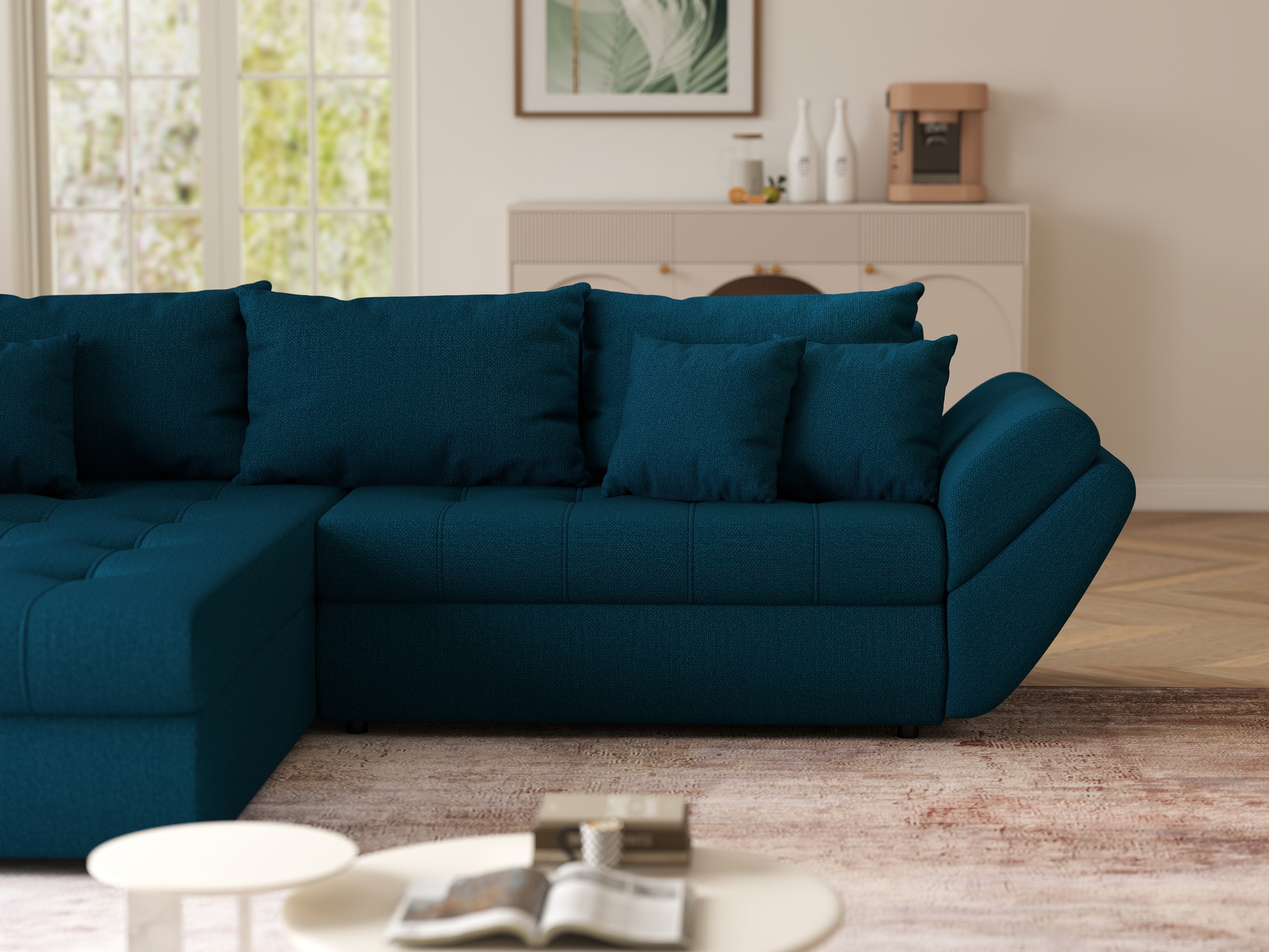 Colțar extensibil dumonde cu ladă de depozitare si sezut confortabil din spuma HR, Loana Petrol Green 270x185 cm Fabrica