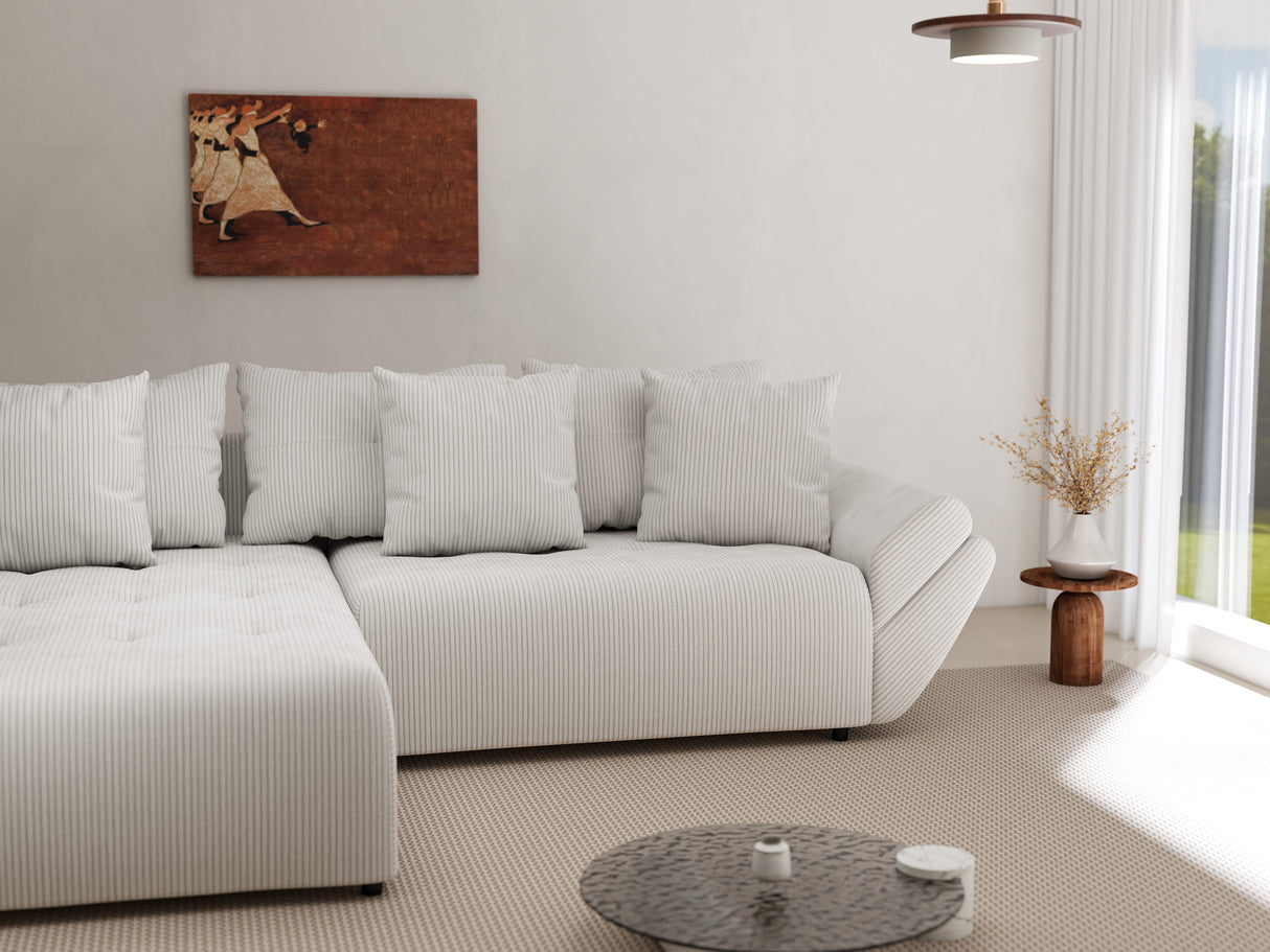 Colțar extensibil dumonde cu ladă de depozitare si sezut confortabil din spuma HR, Berlin Zoom Pearl 280x185 cm Fabrica