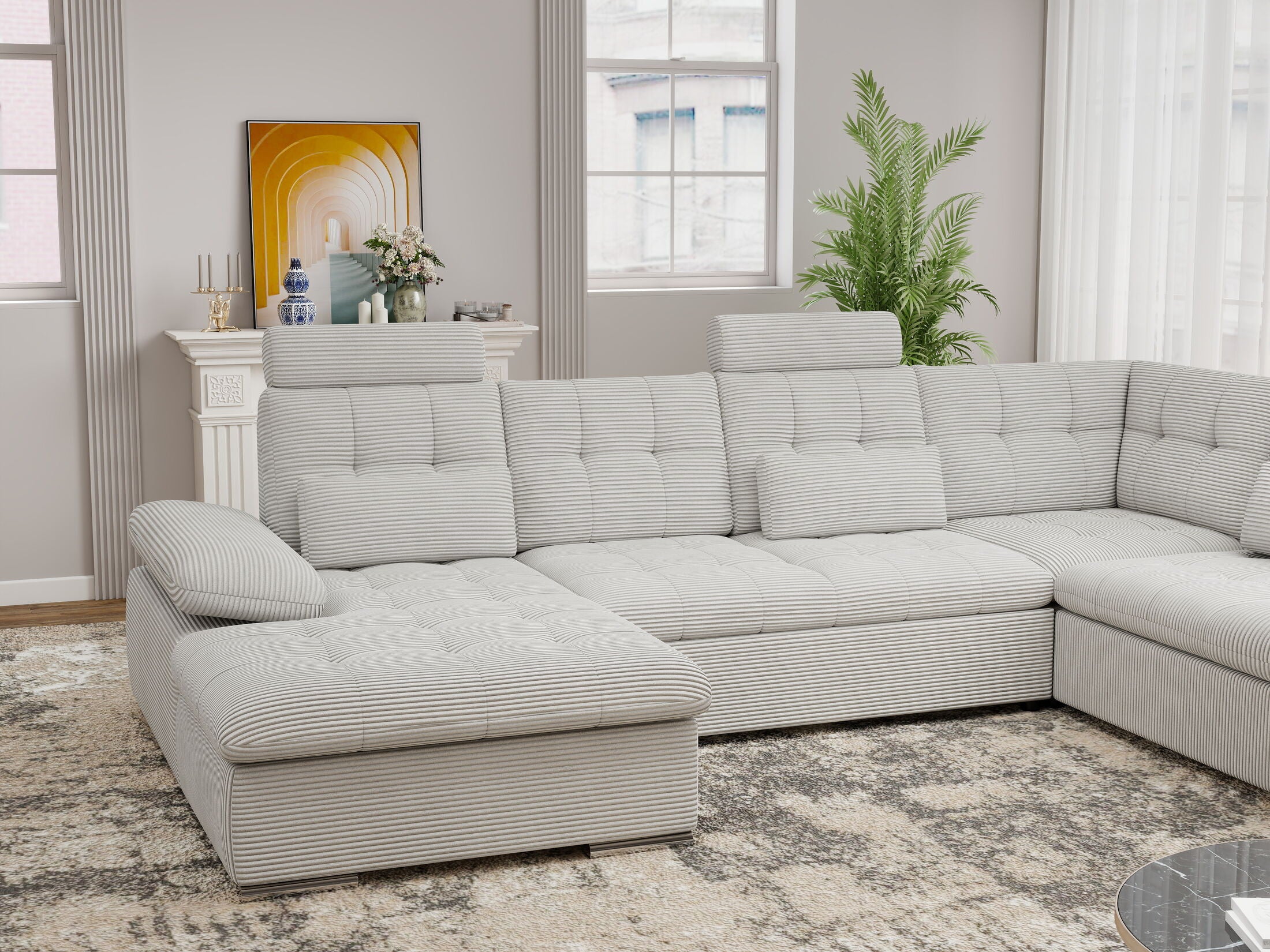 Colțar extensibil dumonde cu ladă de depozitare și șezut confortabil din spumă HR, Merkur U Zoom Gri 324x218 cm