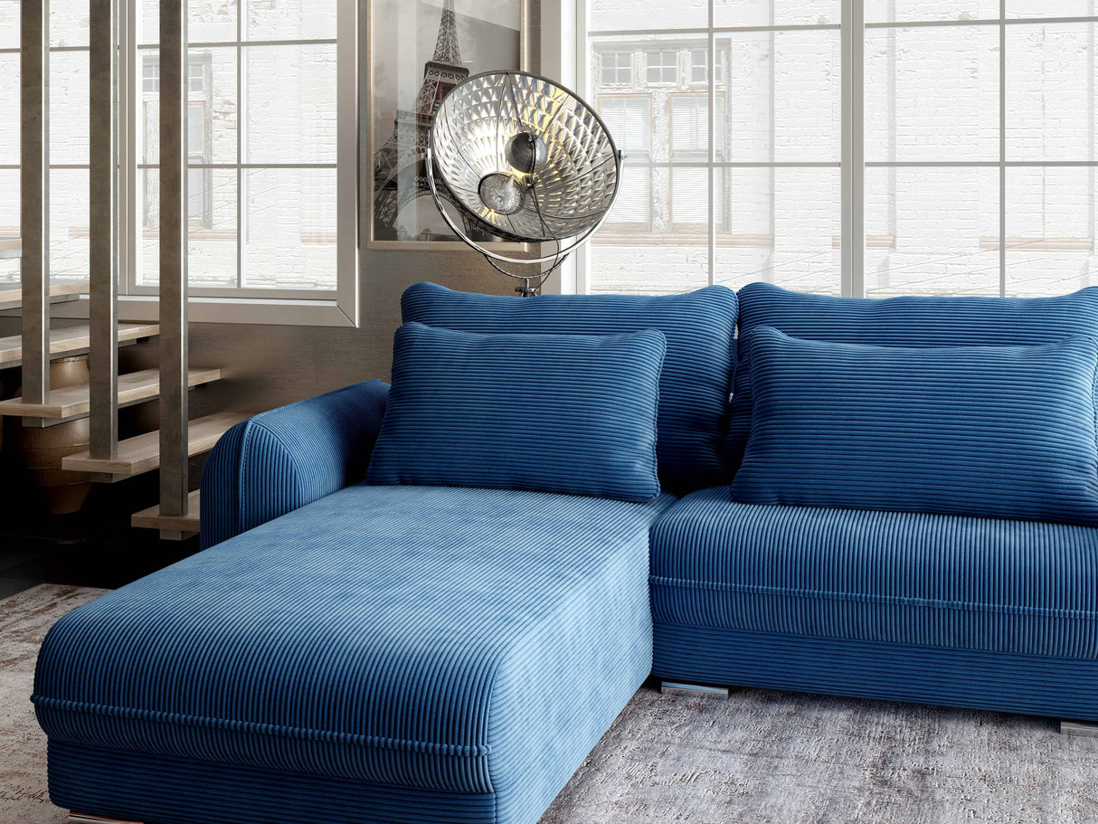 Colțar extensibil dumonde cu ladă de depozitare si sezut confortabil din spuma HR, Denver Zoom Albastru 275x185 cm Fabrica