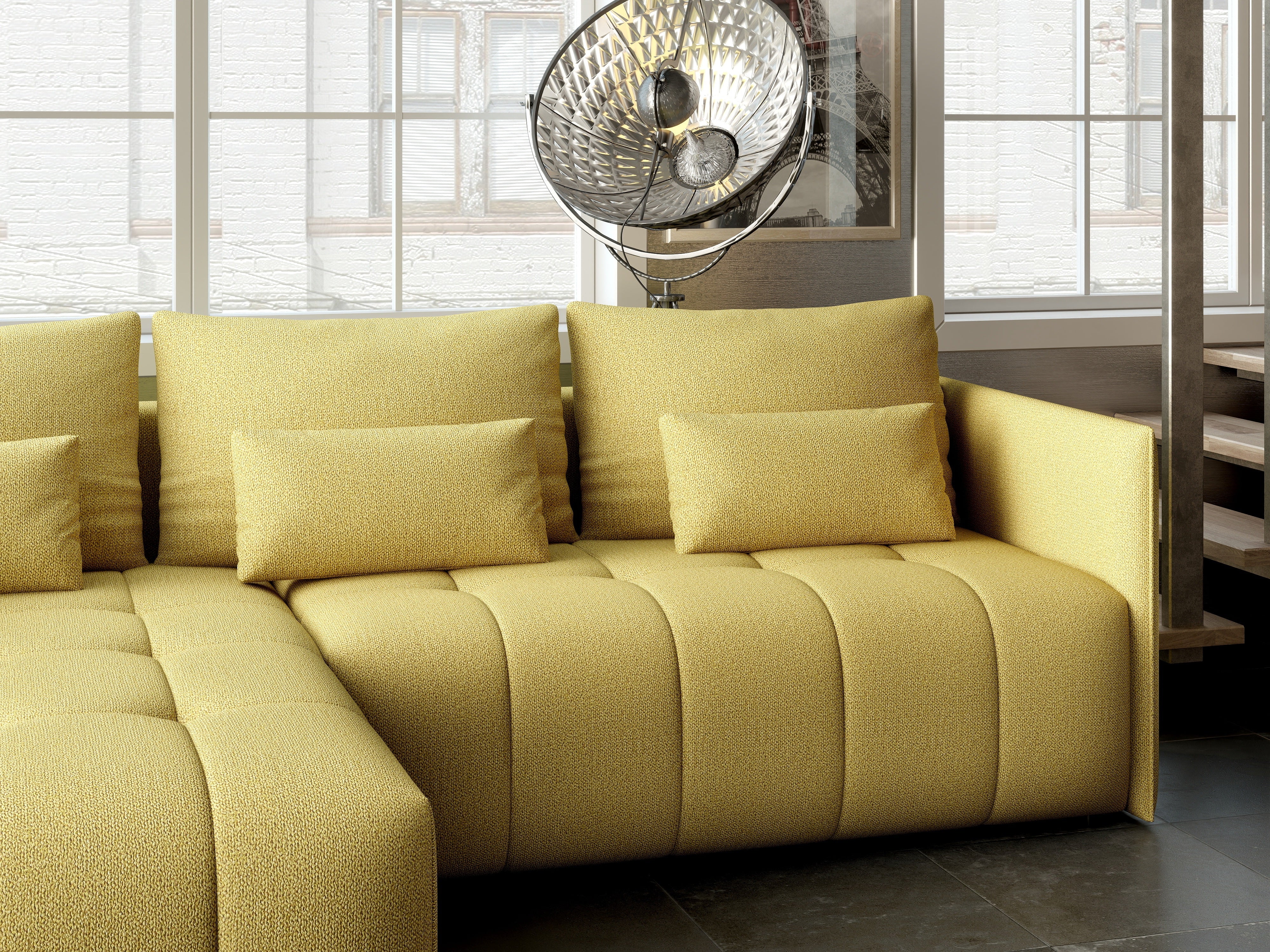 Colțar extensibil dumonde cu ladă de depozitare si sezut confortabil din spuma HR, Malta Galben 235x185 cm Fabrica