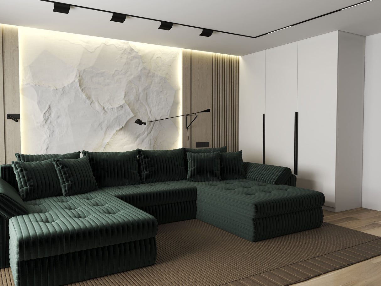 Colțar extensibil dumonde cu ladă de depozitare si sezut confortabil din spuma HR, Loana U Verde Ambience 355x185 cm Fabrica