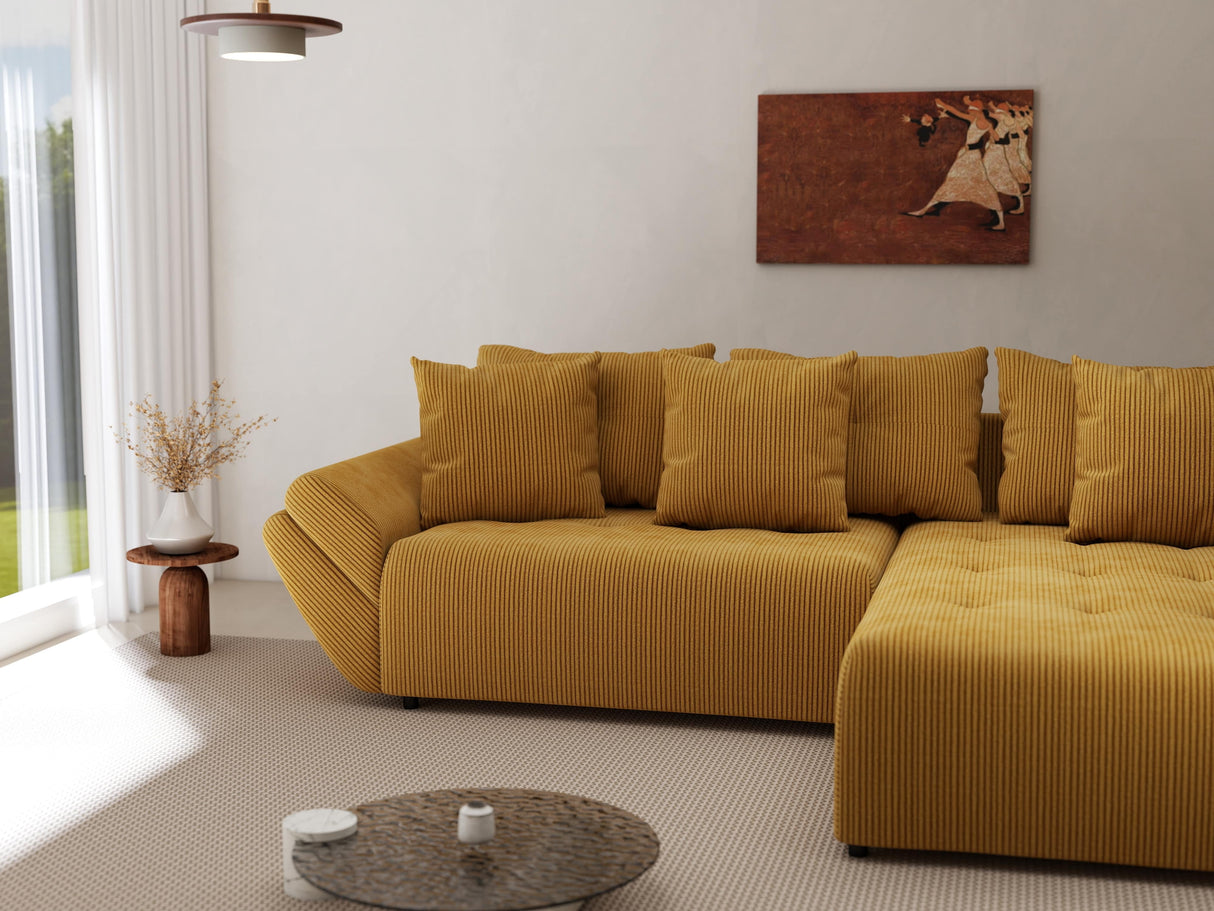 Colțar extensibil dumonde cu ladă de depozitare si sezut confortabil din spuma HR, Berlin Zoom Mustar 280x185 cm II Fabrica