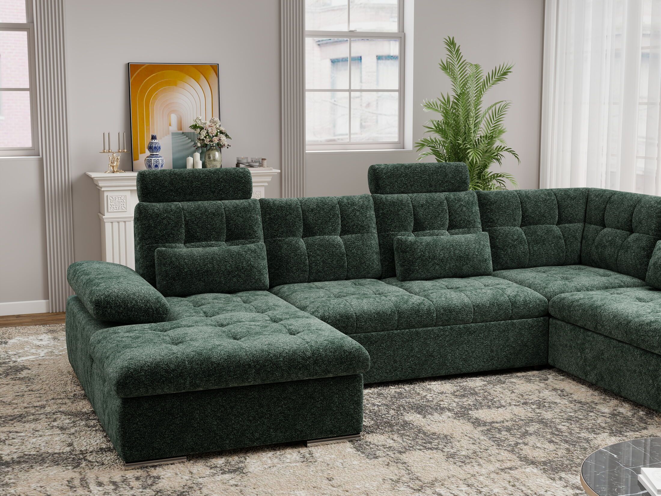 Colțar extensibil dumonde cu ladă de depozitare și șezut confortabil din spumă HR, Merkur U Euphoria Verde 324x218 cm