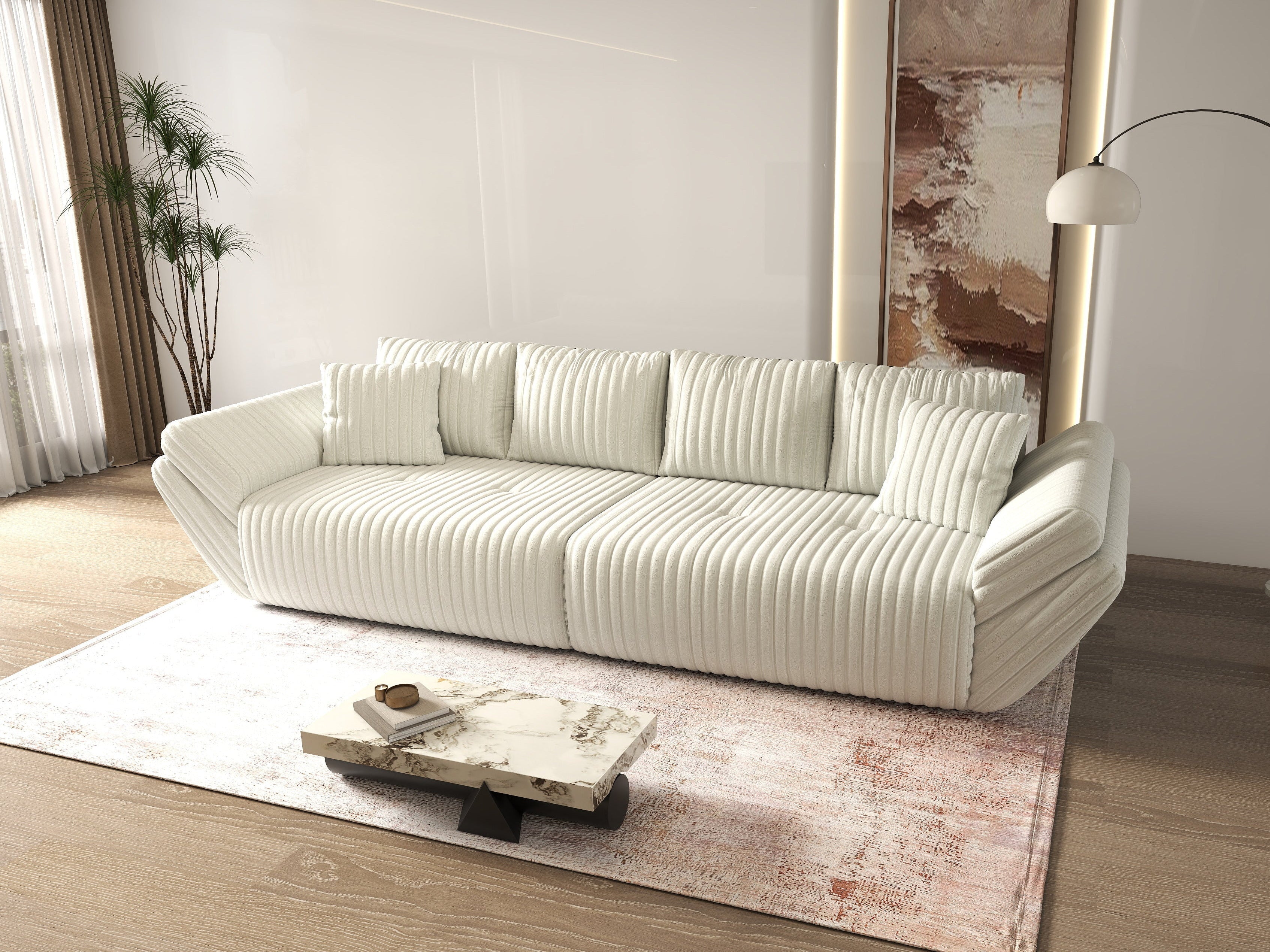 Canapea extensibilă dumonde cu ladă de depozitare si sezut confortabil din spuma HR, Berlin Ambience White 300x100 cm Fabrica