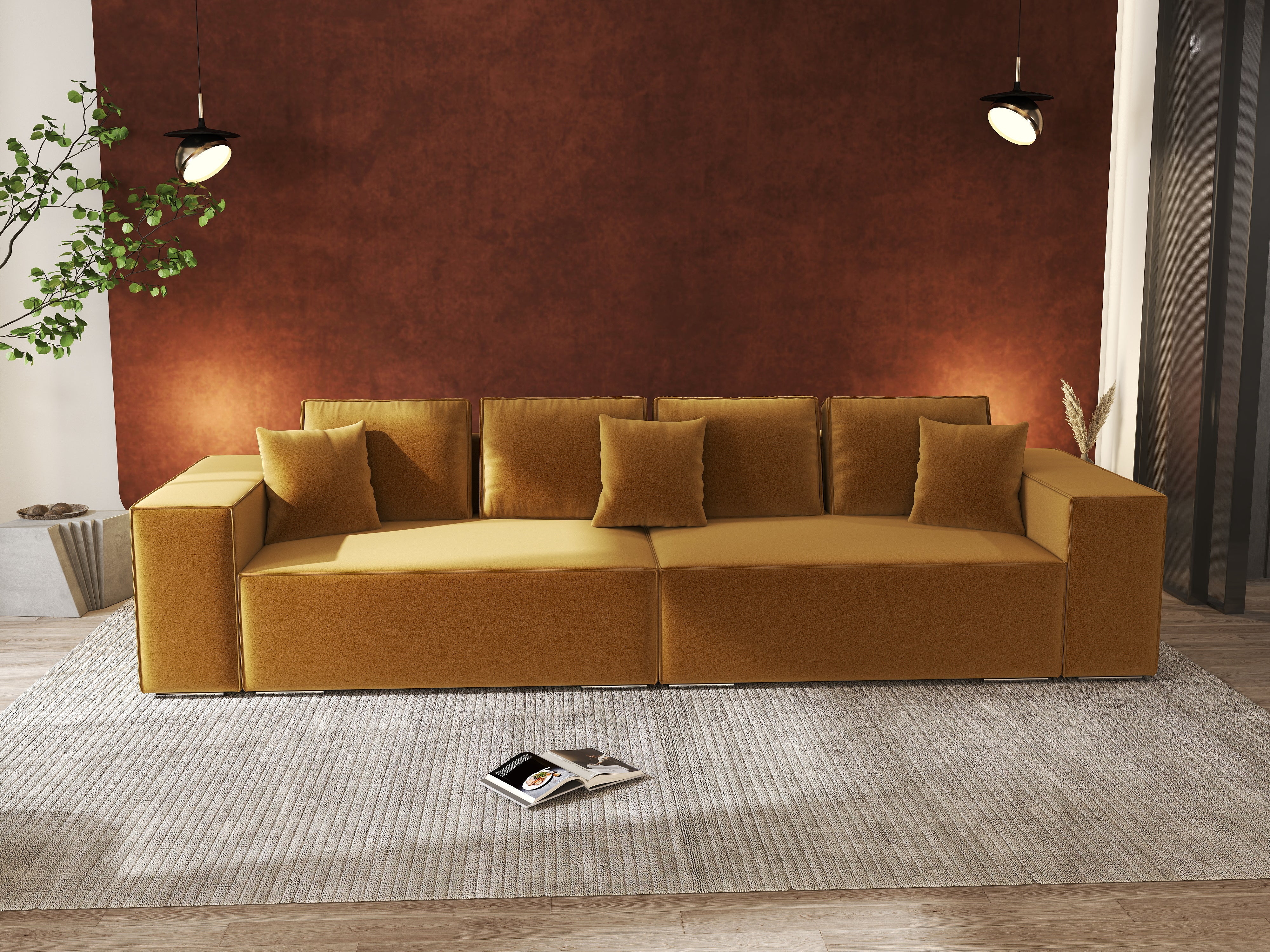 Canapea extensibilă dumonde cu ladă de depozitare si sezut confortabil din spuma HR, Dream Royal Mustar 310x100 cm Fabrica