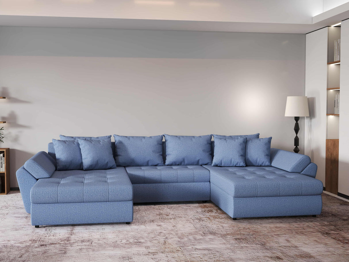 Colțar extensibil  dumonde cu ladă de depozitare si sezut confortabil din spuma HR, Loana Blue U 355x185 cm Fabrica