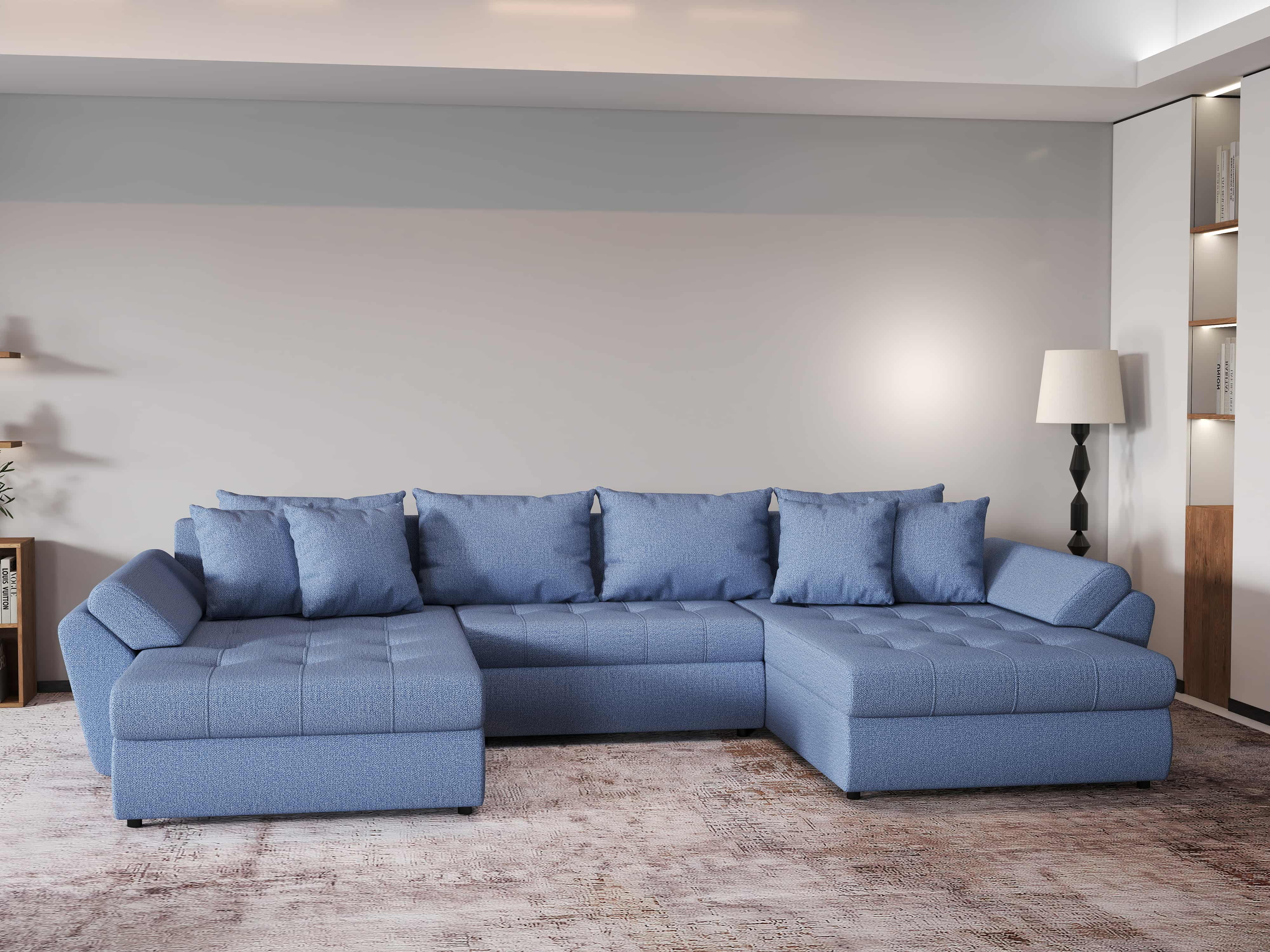 Colțar extensibil  dumonde cu ladă de depozitare si sezut confortabil din spuma HR, Loana Blue U 355x185 cm Fabrica