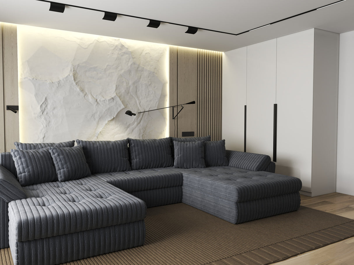 Colțar extensibil dumonde cu ladă de depozitare si sezut confortabil din spuma HR, Loana U Gri Ambience 355x185 cm Fabrica