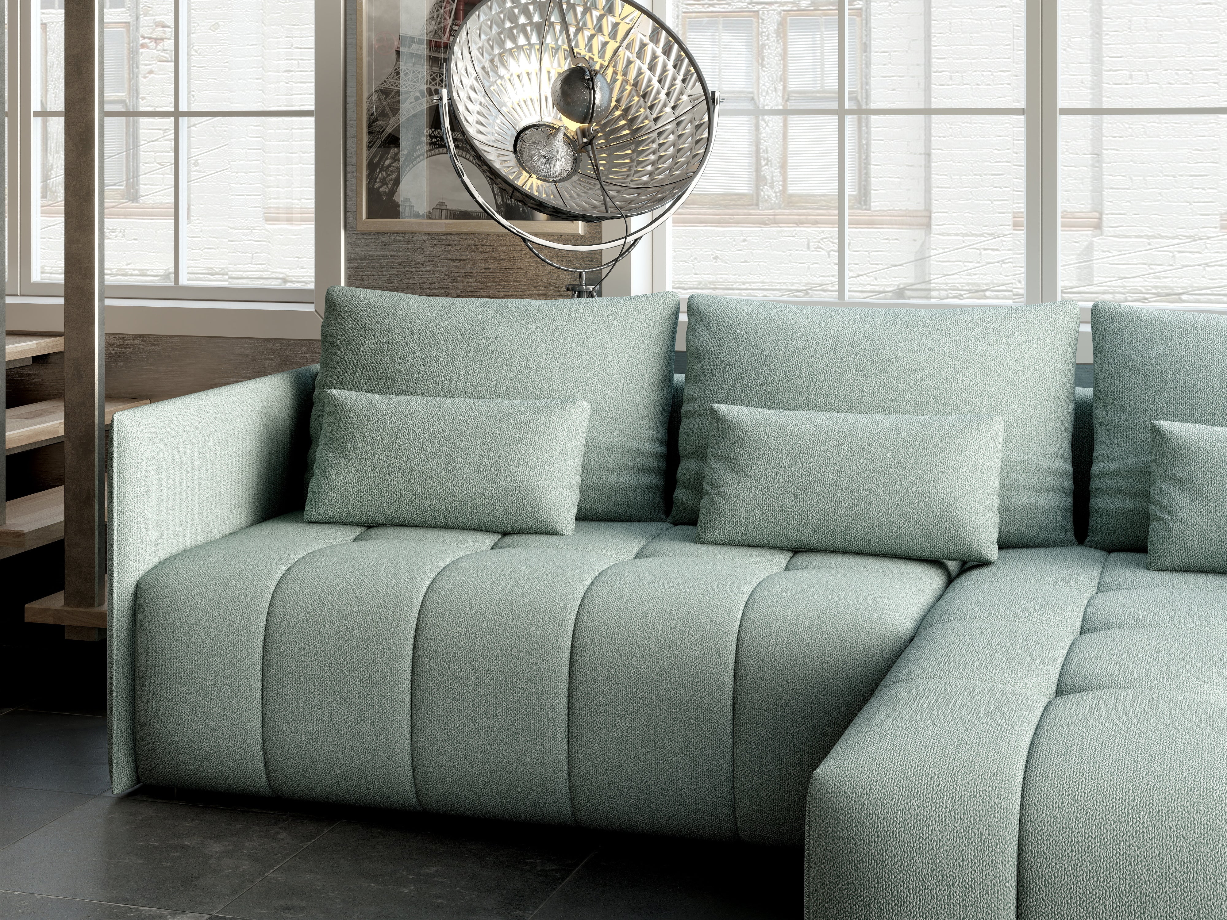 Colțar extensibil dumonde cu ladă de depozitare si sezut confortabil din spuma HR, Malta Mint II 235x185 cm Fabrica