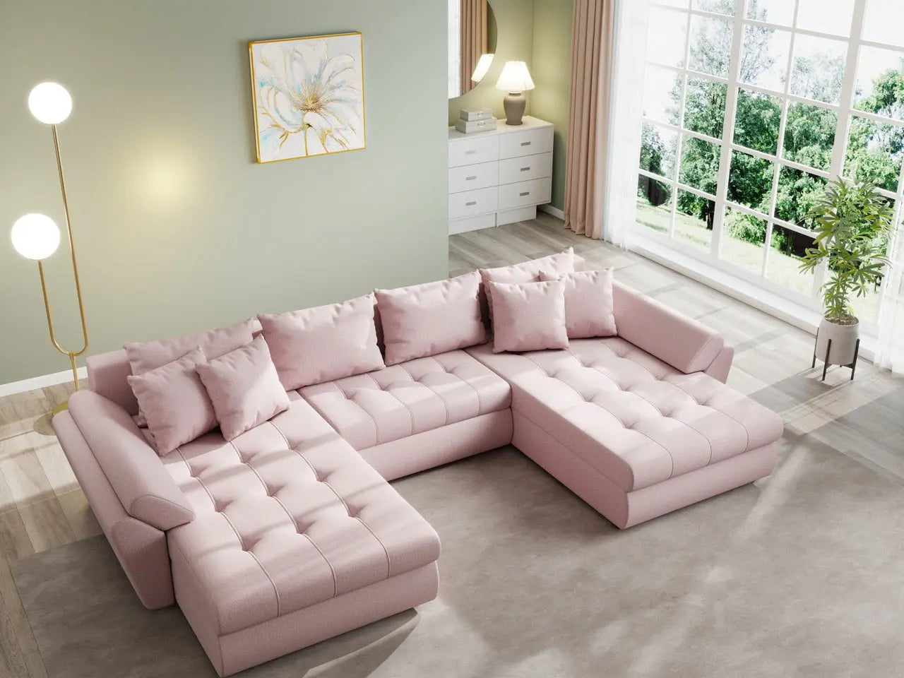 Colțar extensibil dumonde cu ladă de depozitare si sezut confortabil din spuma HR, Loana U Enjoy Flamingo 355x185 cm Fabrica