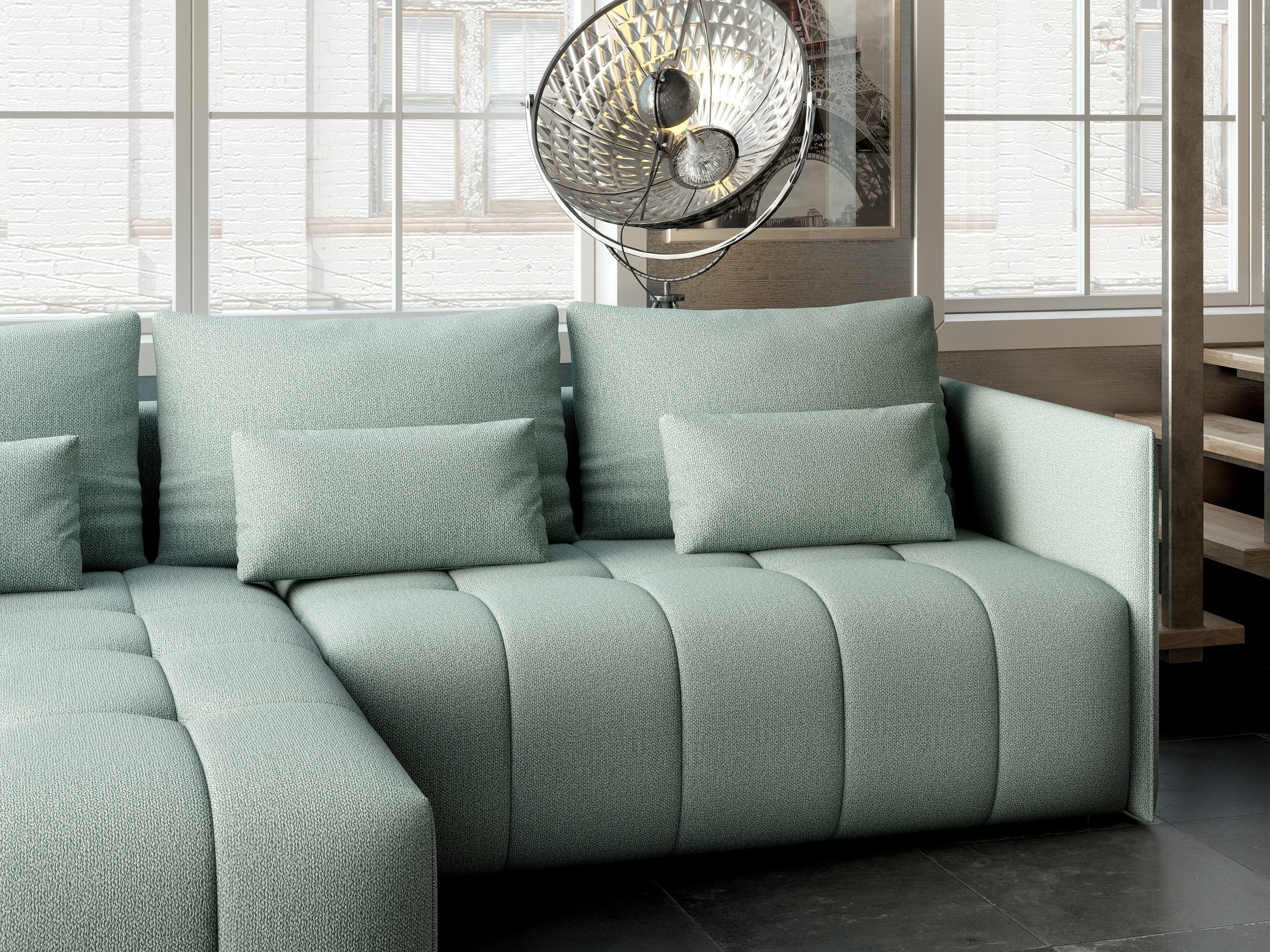 Colțar extensibil dumonde cu ladă de depozitare si sezut confortabil din spuma HR, Malta Mint 235x185 cm Fabrica