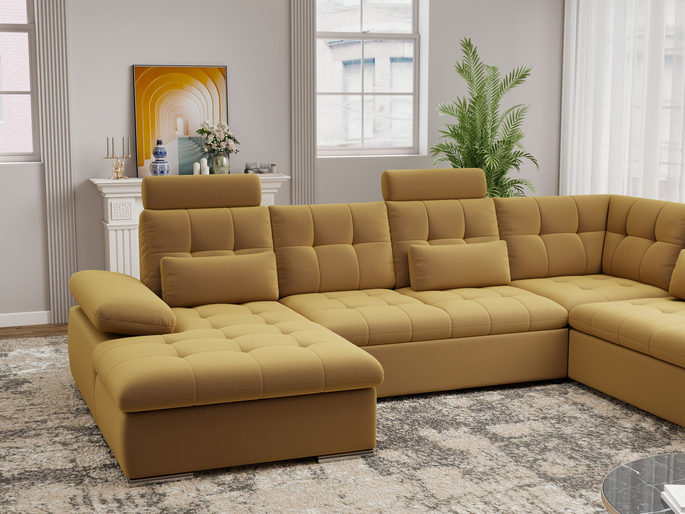 Colțar extensibil dumonde cu ladă de depozitare și șezut confortabil din spumă HR, Merkur U Royal Mustar 324x218 cm