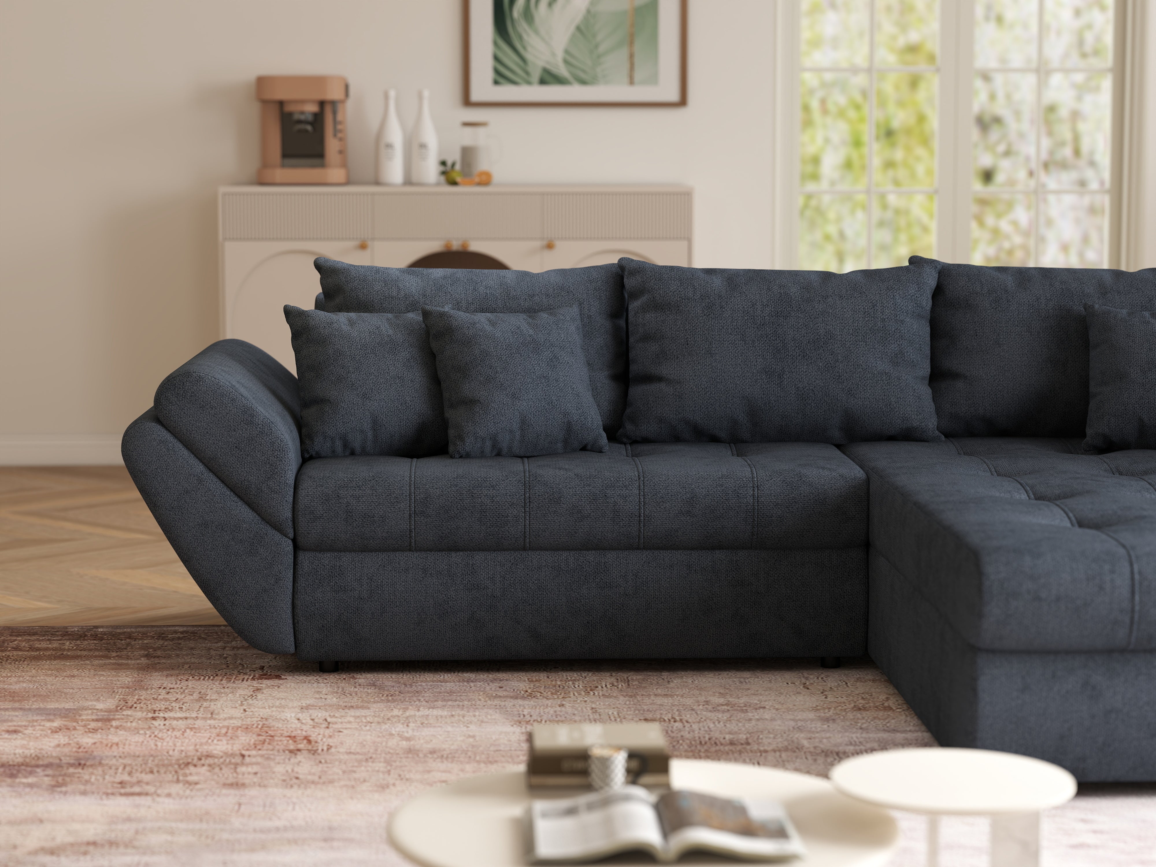 Colțar extensibil dumonde cu ladă de depozitare si sezut confortabil din spuma HR, Loana Antracit II 270x185 cm Fabrica