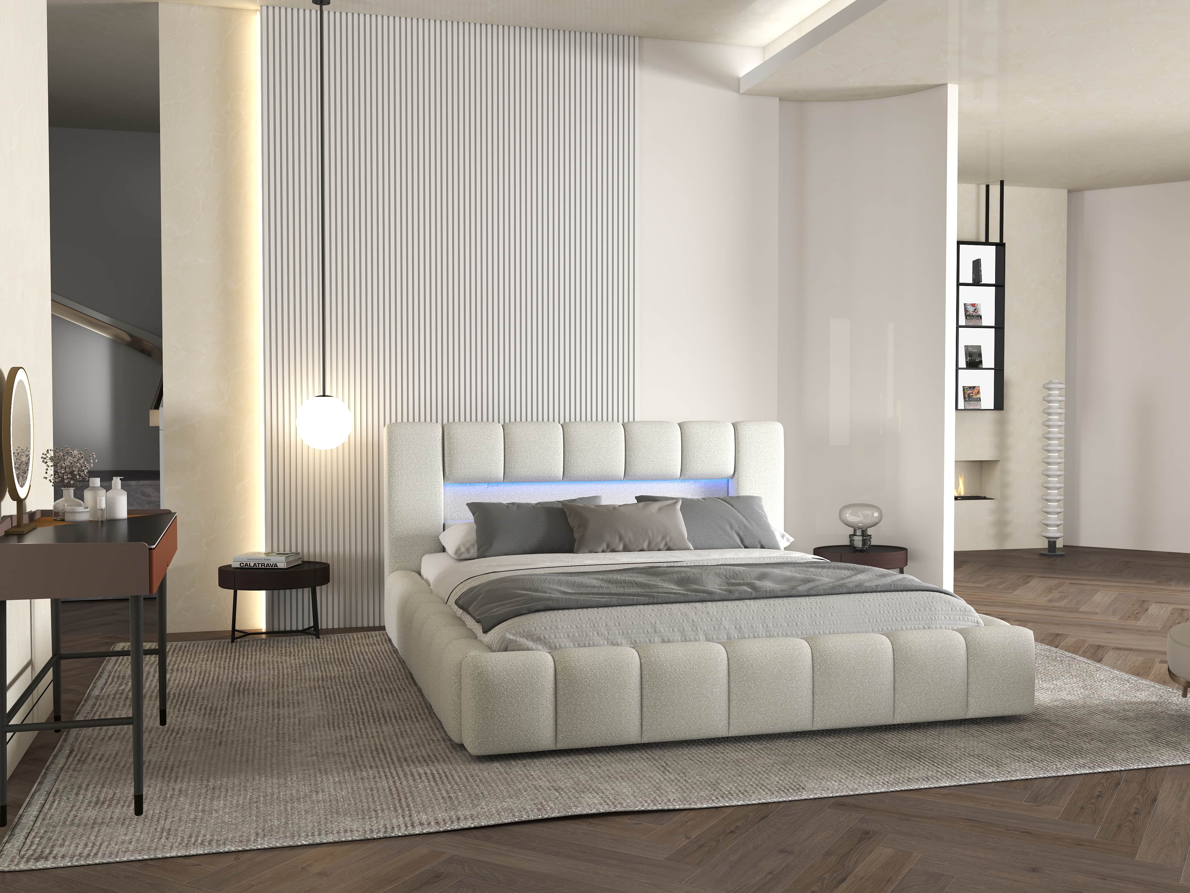 Pat dormitor dumonde, tapitat bej cu LED si USB, Palermo 160x200 cm, somiera rabatabila inclusa, spatiu depozitare WLS
