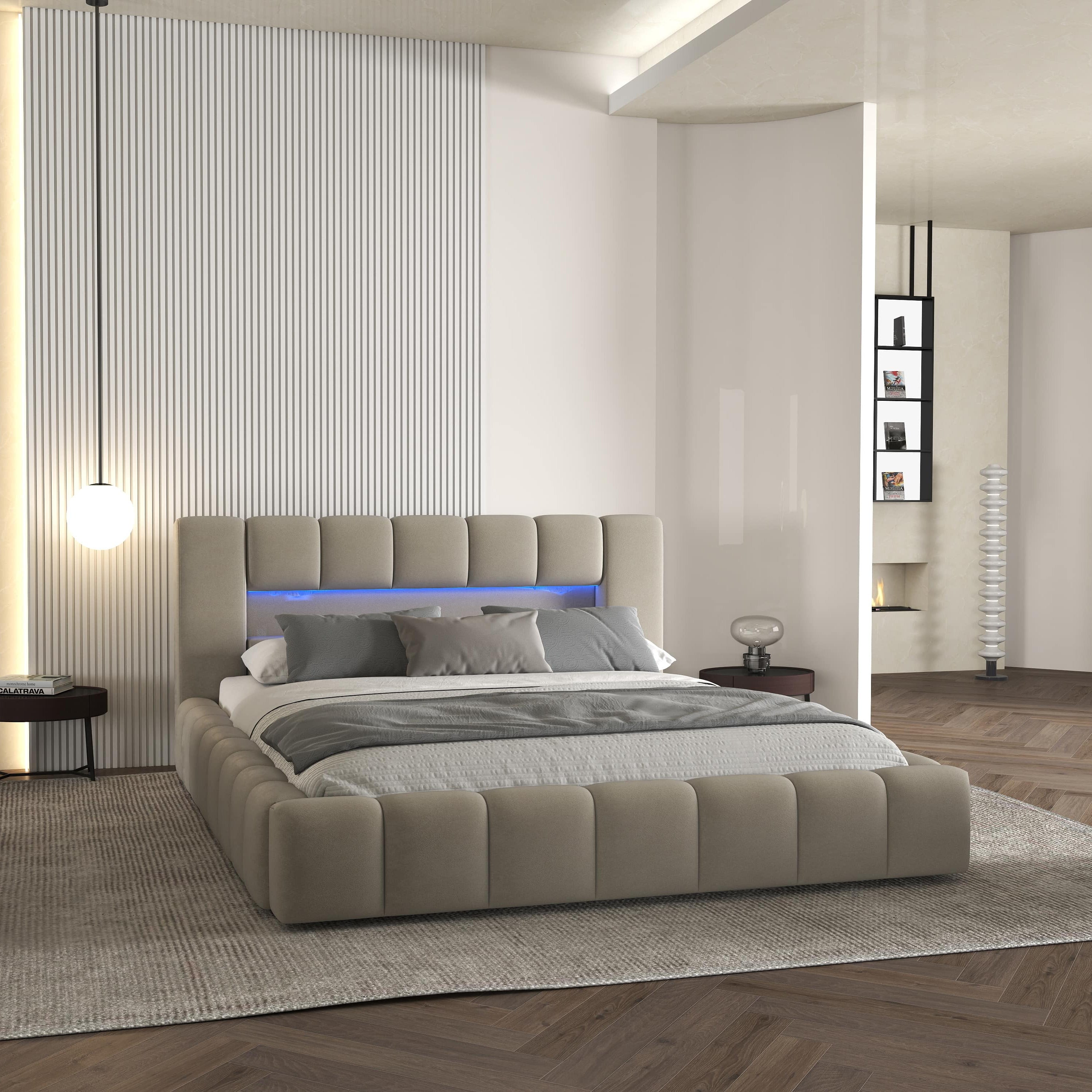 Pat dormitor dumonde, tapitat bej cu LED si USB, Palermo 180x200 cm, somiera rabatabila inclusa, spatiu depozitare WLS