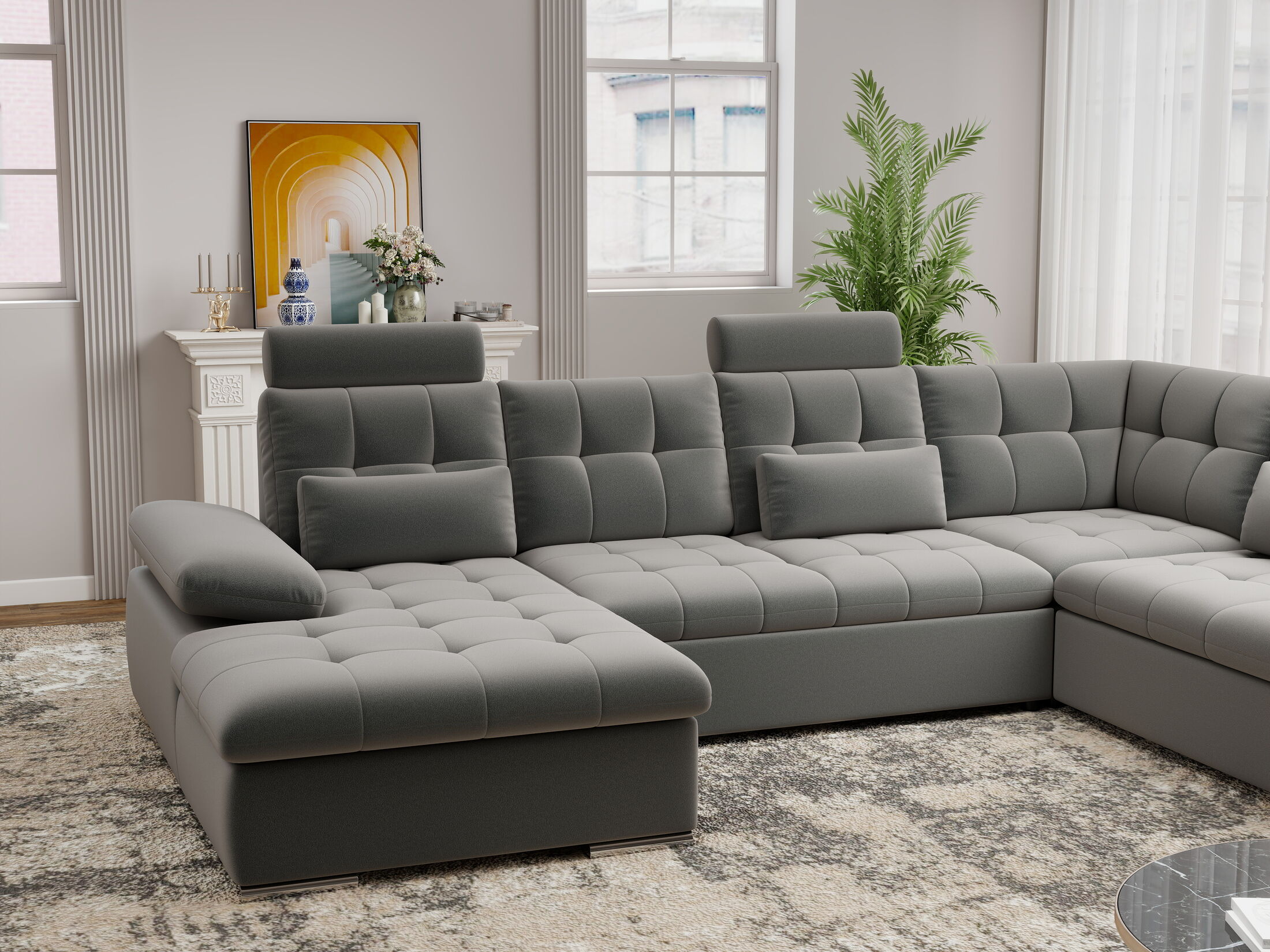 Colțar extensibil dumonde cu ladă de depozitare și șezut confortabil din spumă HR, Merkur U Royal Antracit 324x218 cm