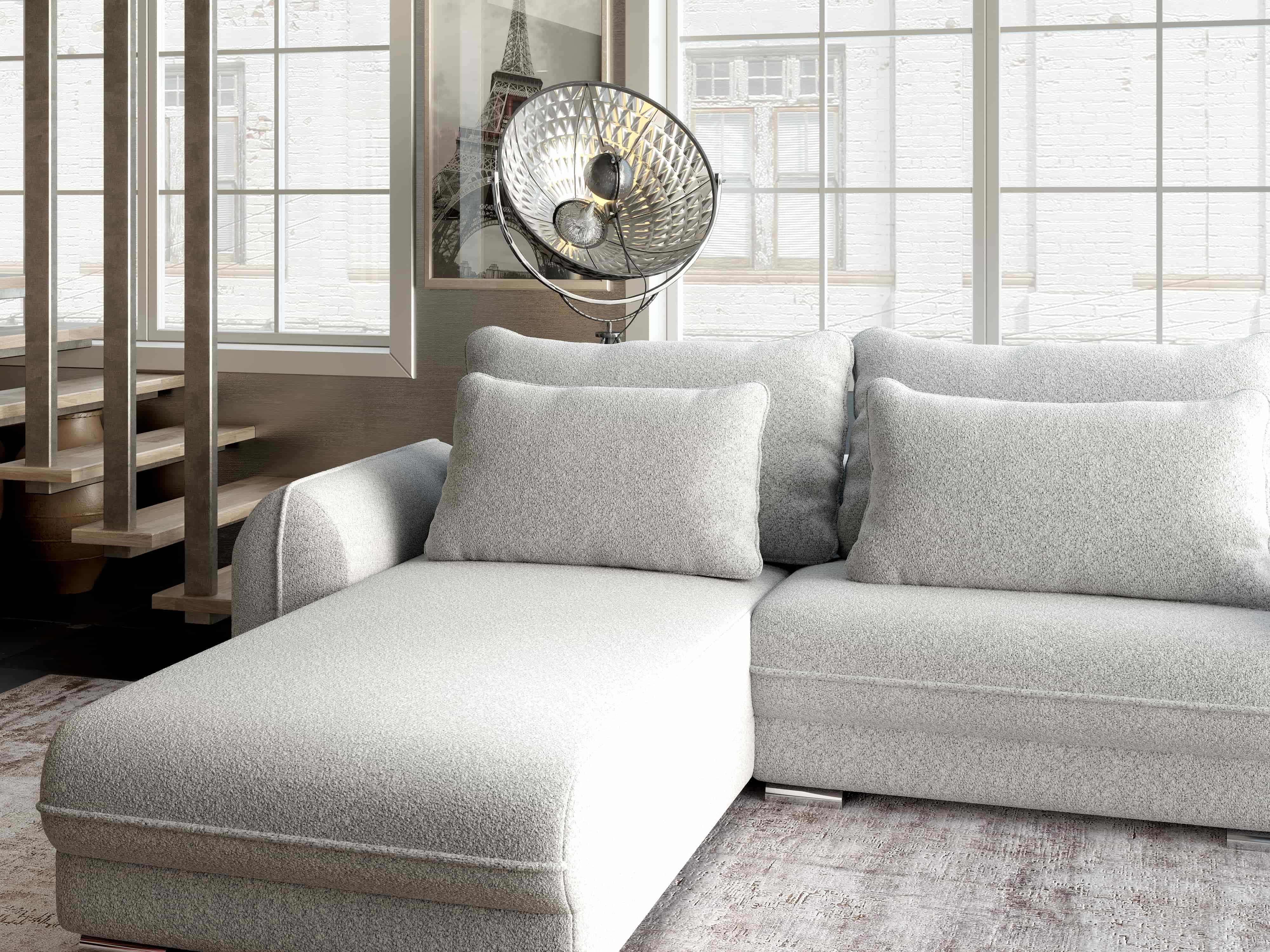 Colțar extensibil dumonde cu ladă de depozitare si sezut confortabil din spuma HR, Denver Euphoria Dove 275x185 cm Fabrica