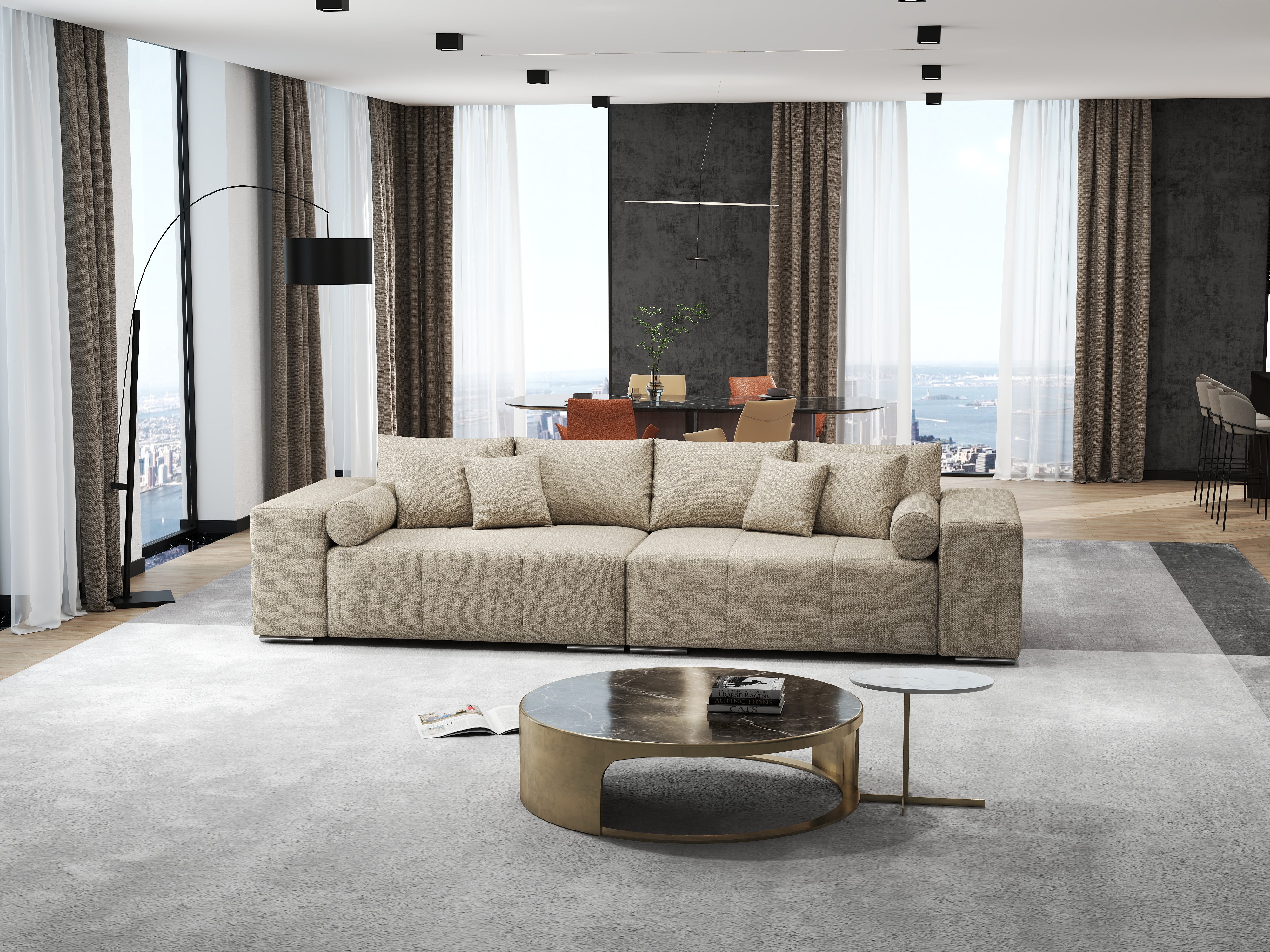 Canapea extensibilă dumonde cu ladă de depozitare si sezut confortabil din spuma HR, Marbela Enjoy Lux Bej XXL 295x100 cm fabrica