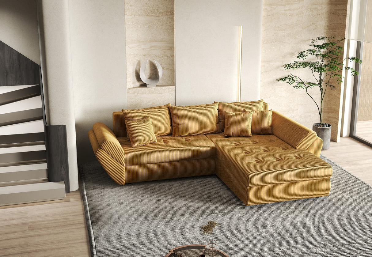 Colțar extensibil dumonde cu ladă de depozitare si sezut confortabil din spuma HR, Loana Mustar Zoom II 270x185 cm