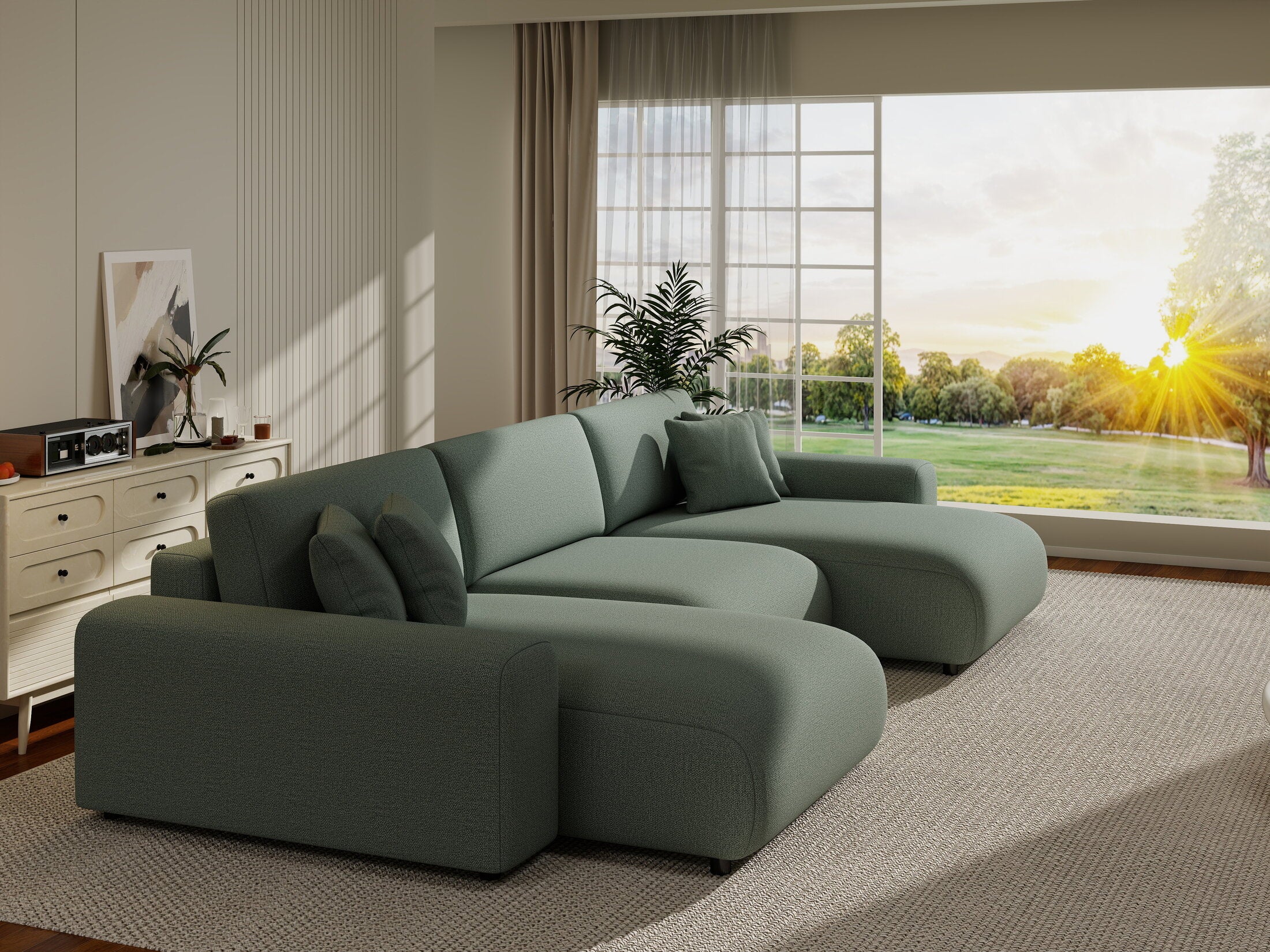 Colțar extensibil dumonde cu ladă de depozitare si sezut confortabil din spuma HR, Sarina U Enjoy Verde Mint 350x168 cm