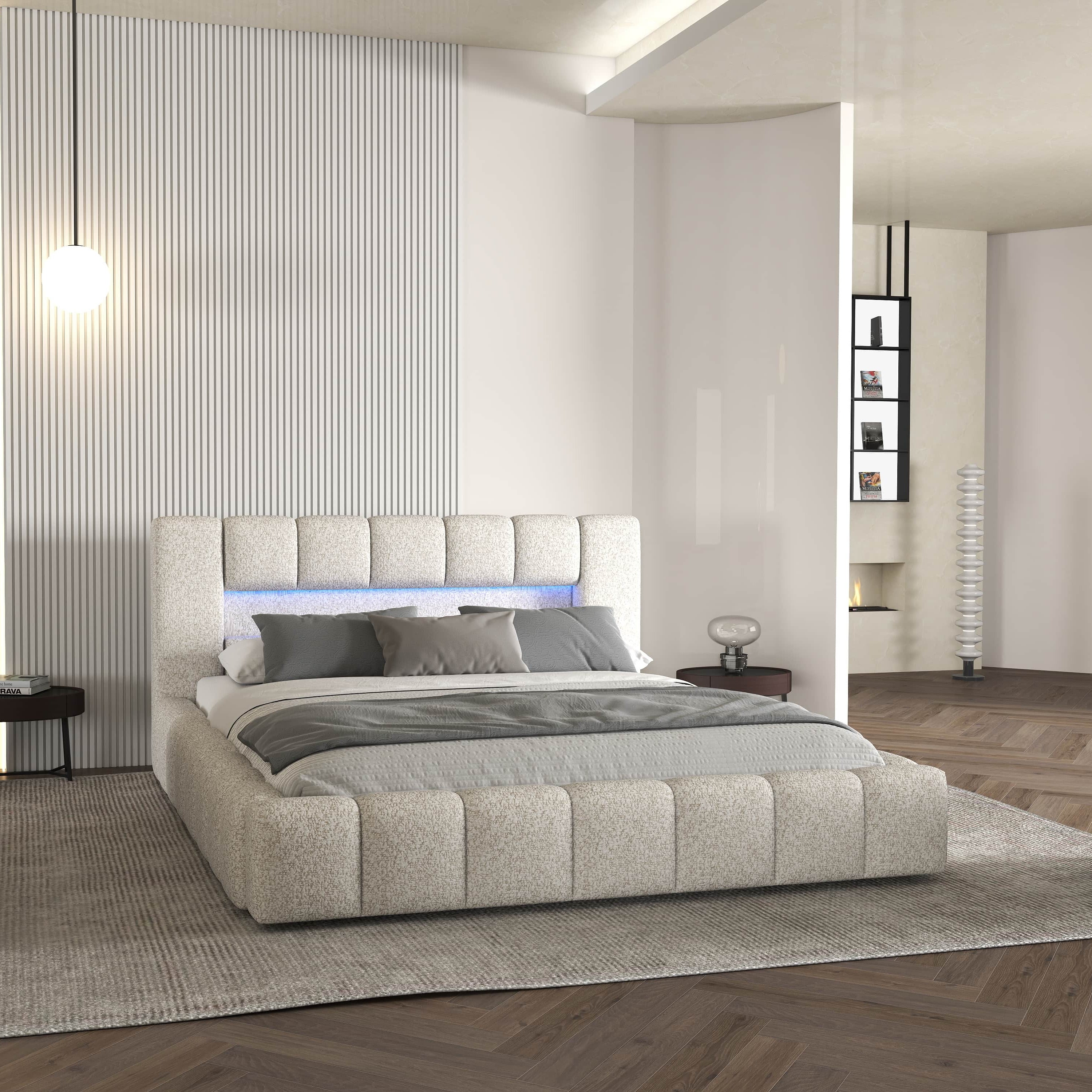 Pat dormitor dumonde, tapitat alb cu LED si USB, Palermo 180x200 cm, somiera rabatabila inclusa, spatiu depozitare WLS