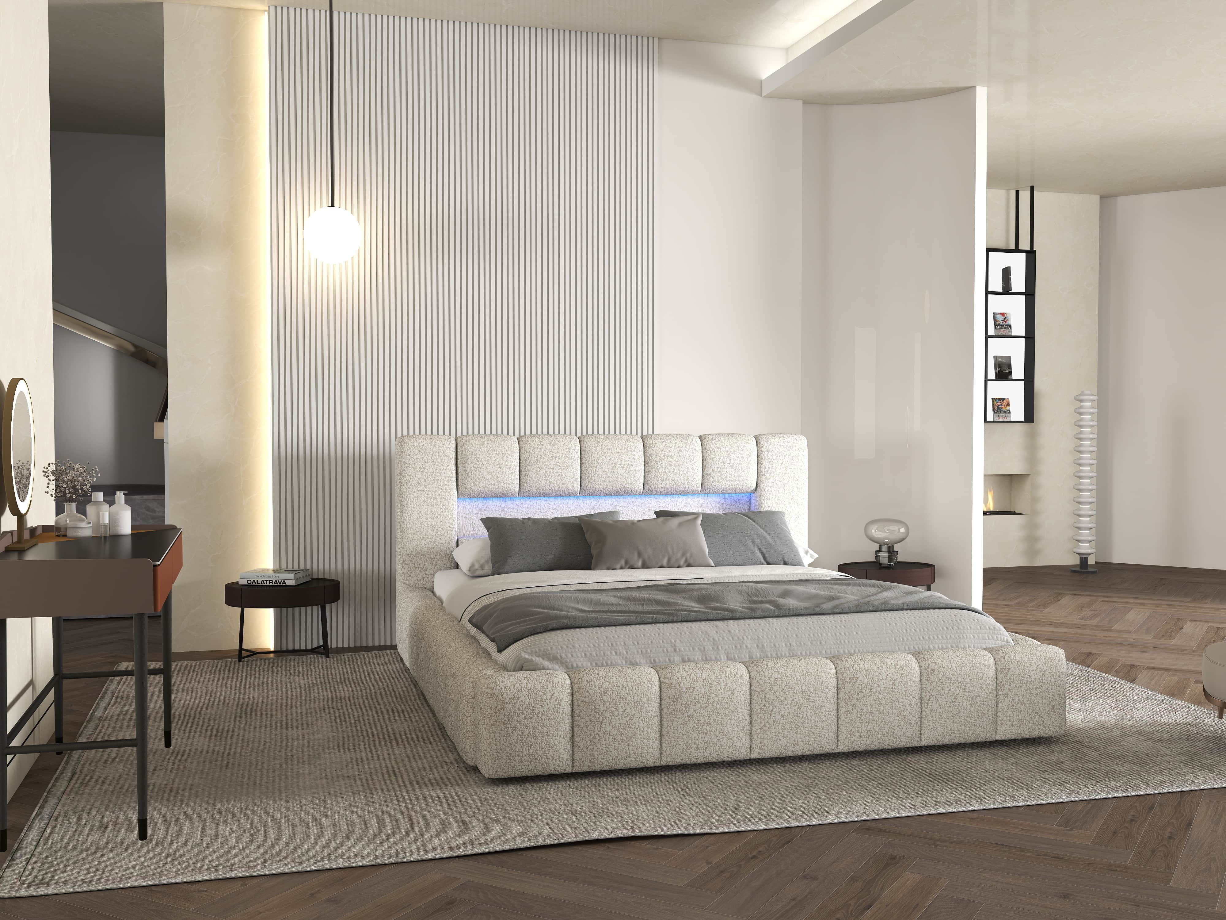 Pat dormitor dumonde, tapitat alb cu LED si USB, Palermo 180x200 cm, somiera rabatabila inclusa, spatiu depozitare
