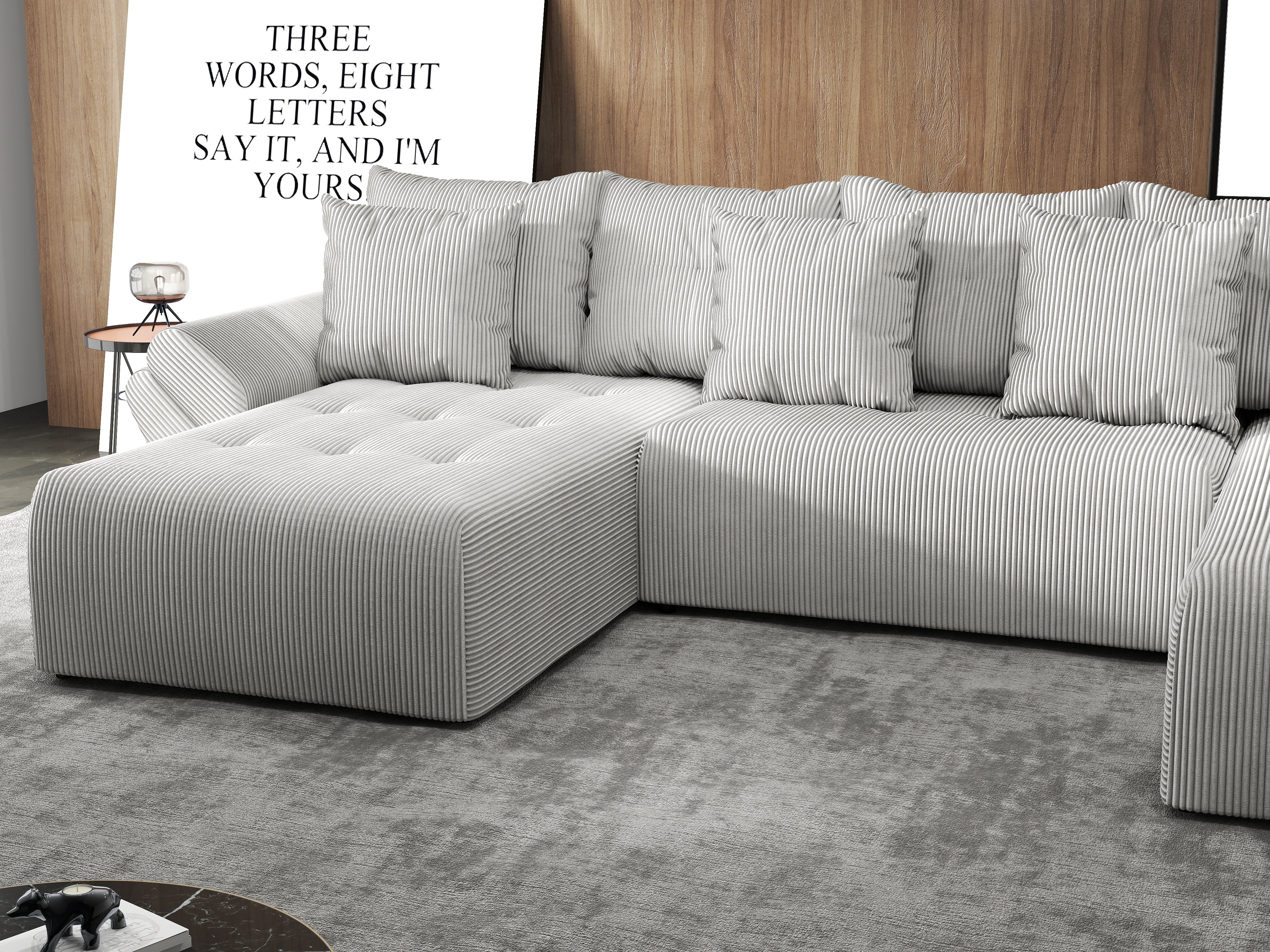 Colțar extensibil dumonde cu ladă de depozitare si sezut confortabil din spuma HR, Berlin U Zoom Grey 380x180 cm Fabrica