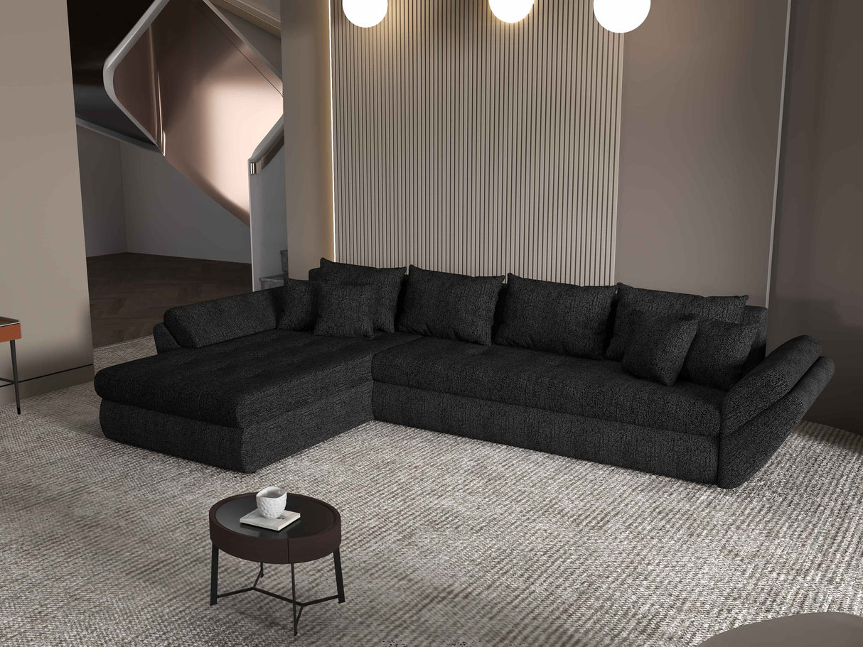 Colțar extensibil dumonde cu ladă de depozitare si sezut confortabil din spuma HR, Loana XL Enjoy Negru 335x185 cm Fabrica
