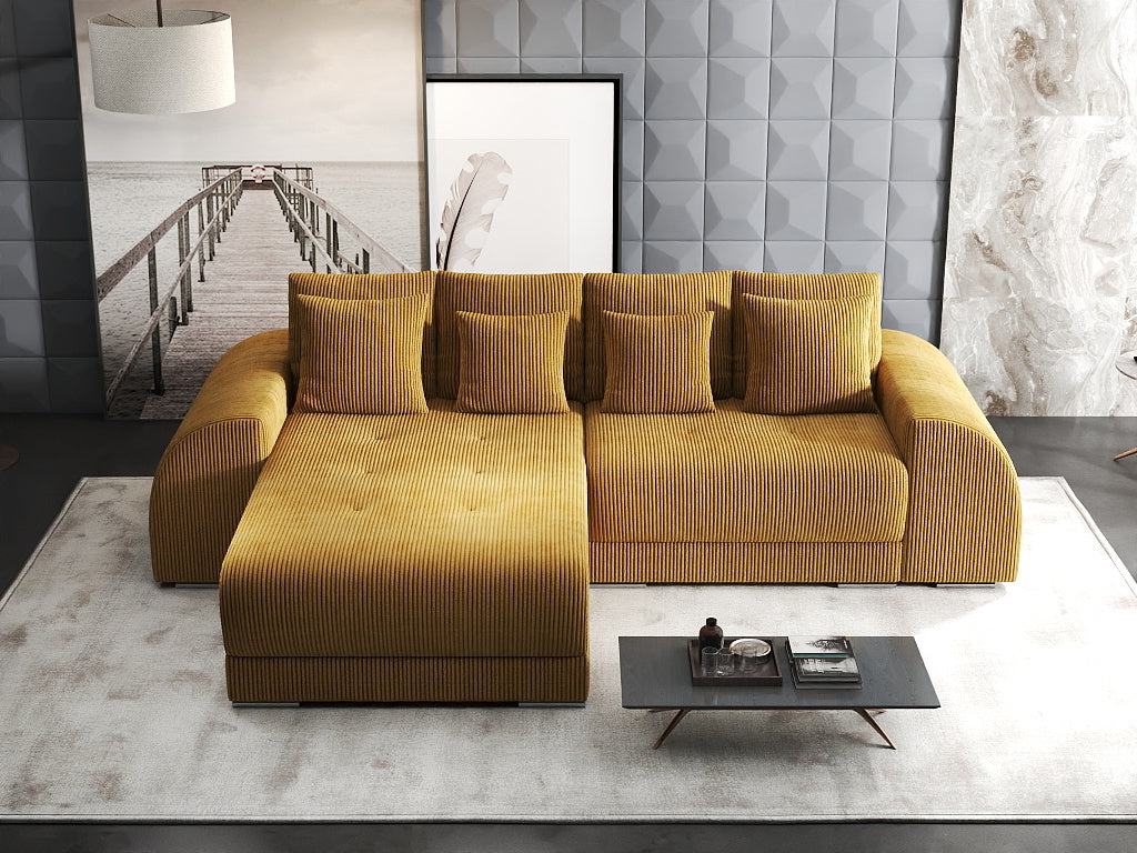 Colțar extensibil dumonde cu ladă de depozitare si sezut confortabil din spuma HR, Verona Zoom Mustar 290x185 cm Fabrica