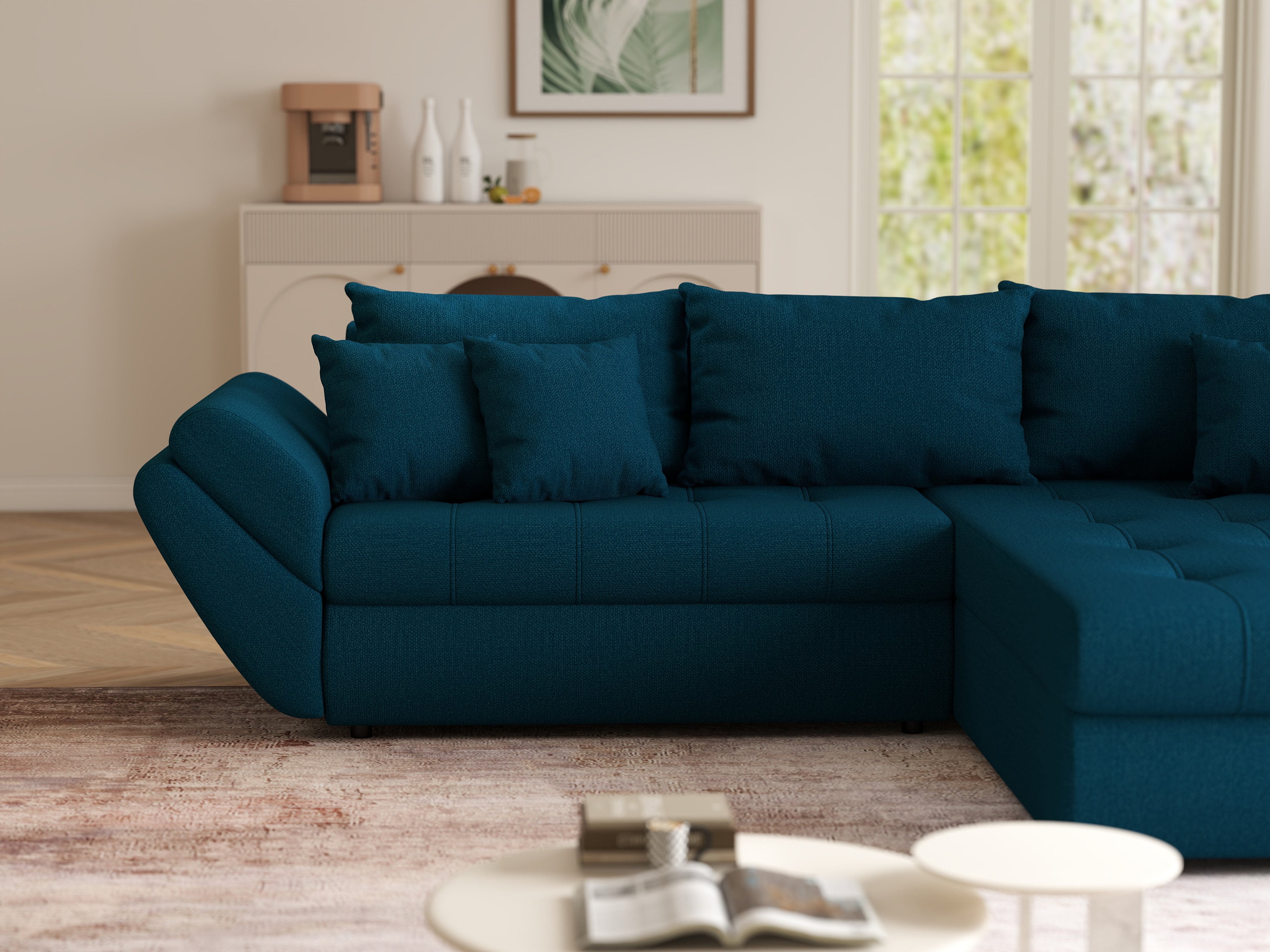 Colțar extensibil dumonde cu ladă de depozitare si sezut confortabil din spuma HR, Loana Petrol Green II 270x185 cm Fabrica