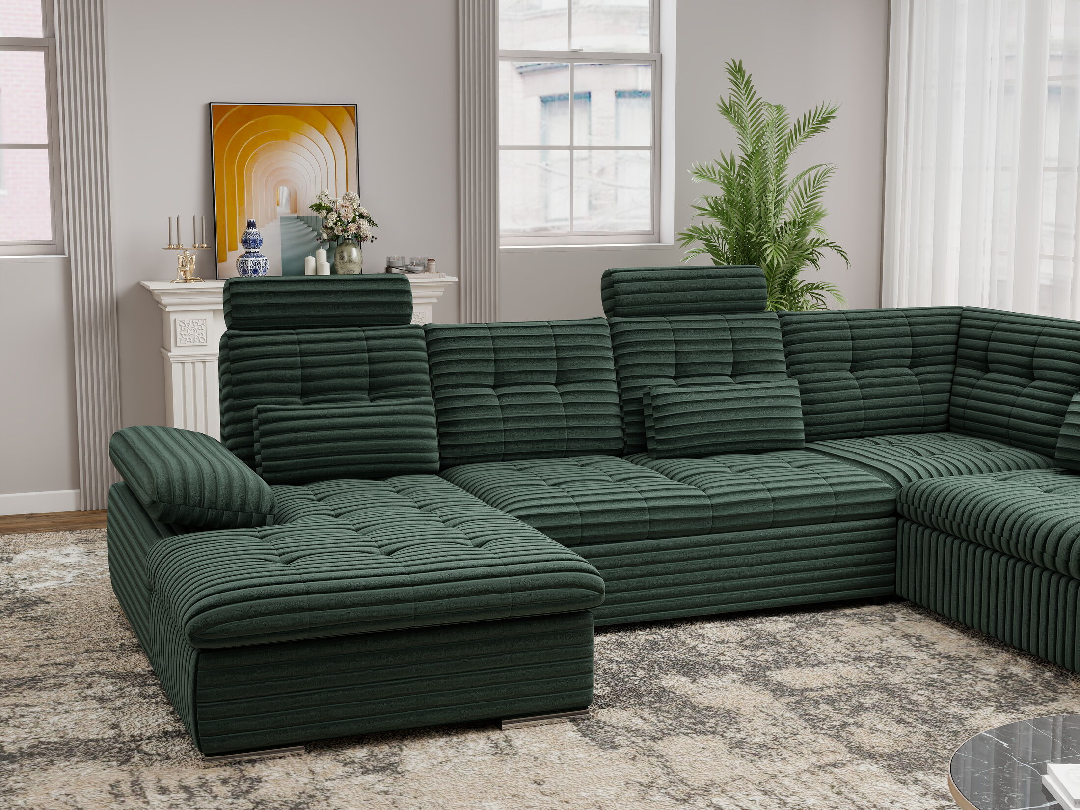 Colțar extensibil dumonde cu ladă de depozitare și șezut confortabil din spumă HR, Merkur U Ambience Verde 324x218 cm