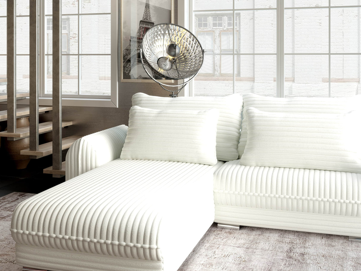 Colțar extensibil dumonde cu ladă de depozitare si sezut confortabil din spuma HR, Denver Ambience Alb 275x185 cm Fabrica